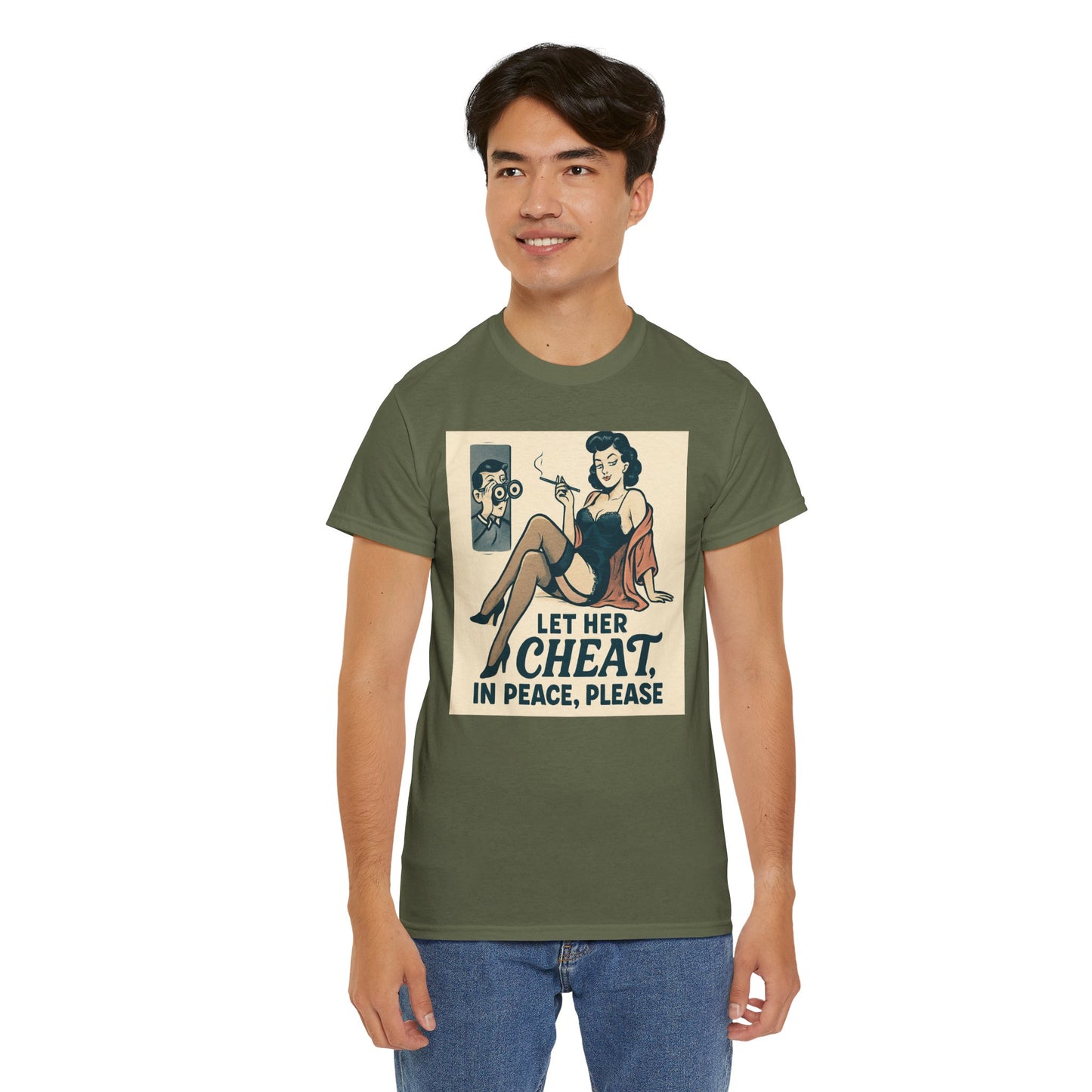T-Shirt — Vintage Pinup “Let Her Cheat in Peace, Please” Graphic Tee