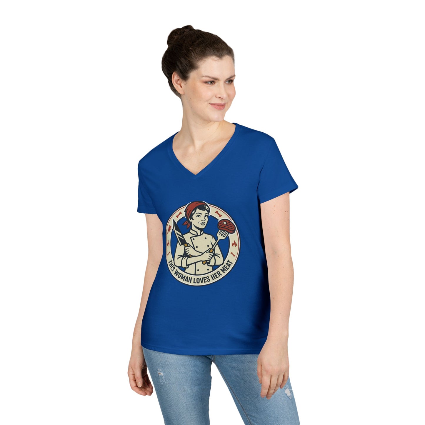 Ladies' V-Neck T-Shirt — "This Woman Loves Her Meat" Chef Graphic Tee