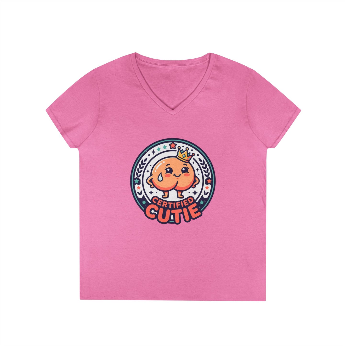 Certified Cutie V-Neck T-Shirt — Cute Cartoon Badge Graphic Tee for Women Printify