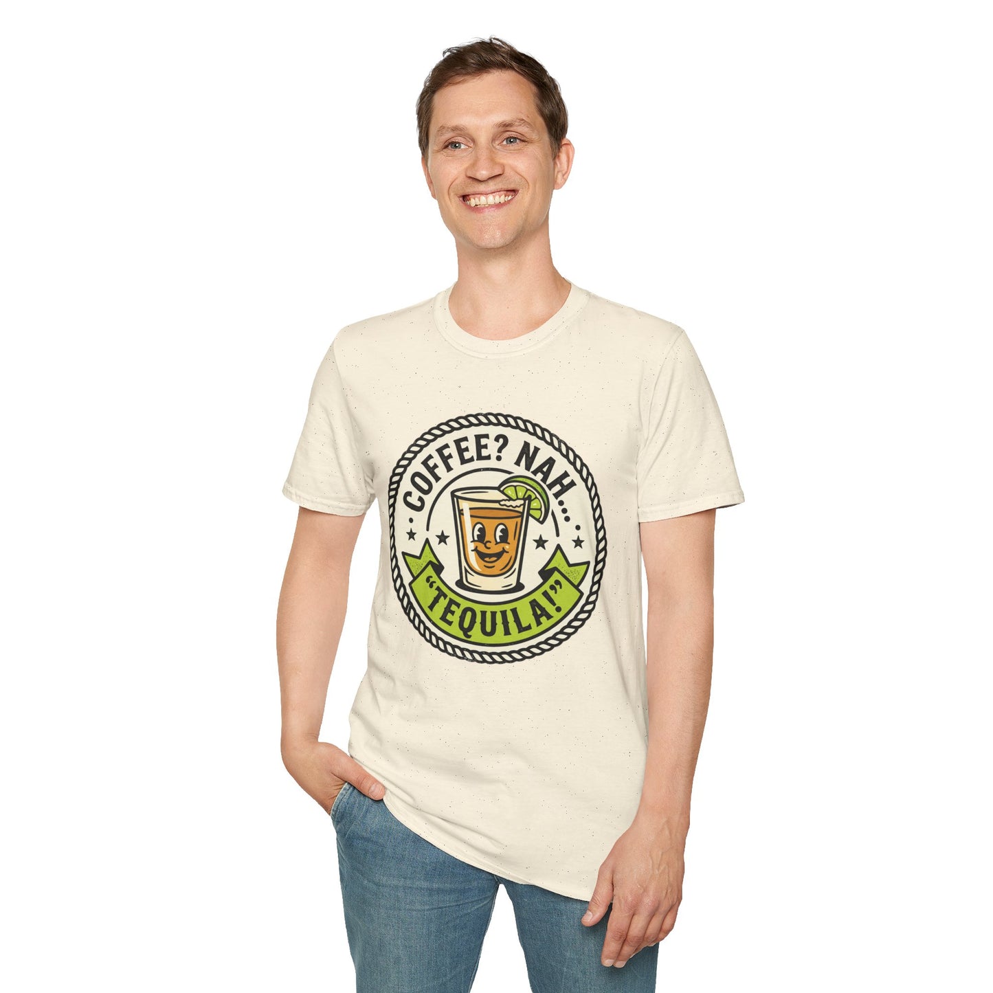 Coffee? Nah, Tequila! T-Shirt – Funny Shot Glass Graphic Tee for Party Lovers