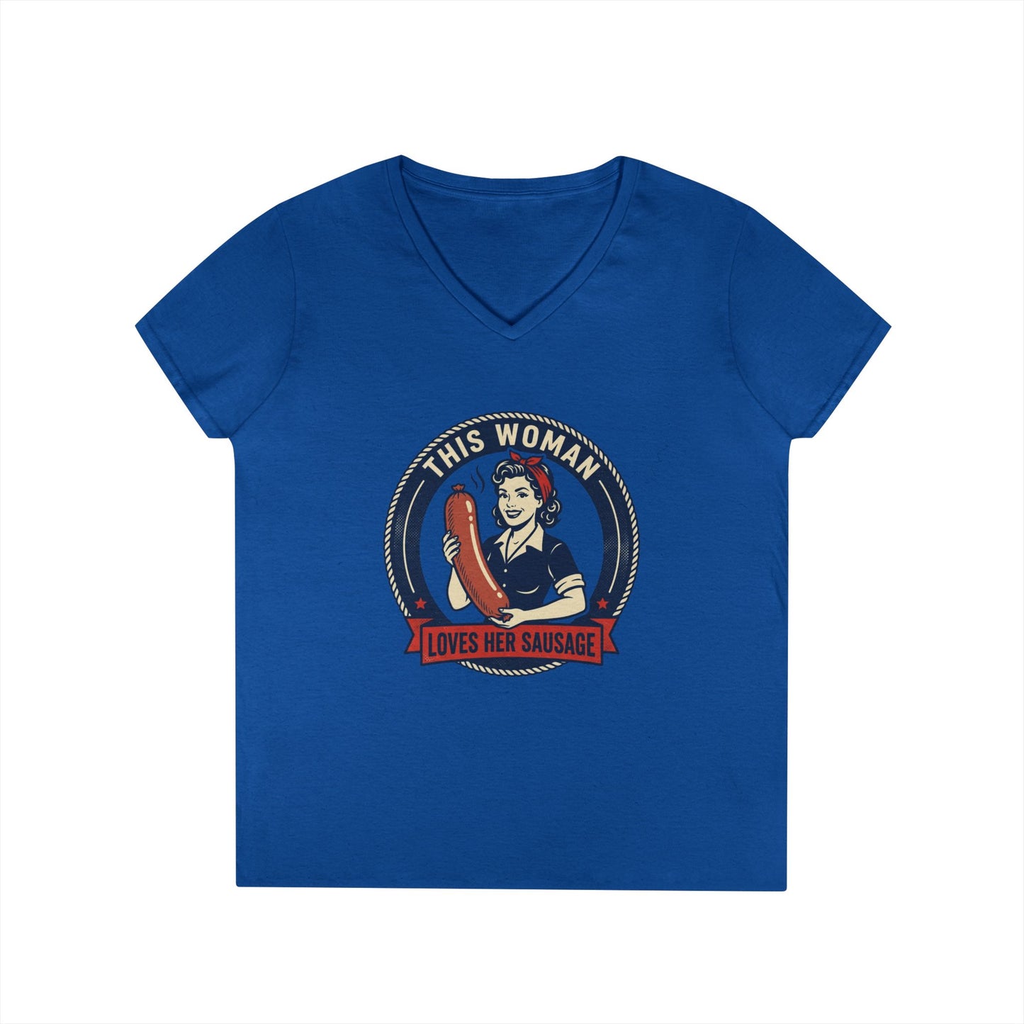 Ladies' V-Neck T-Shirt — "This Woman Loves Her Sausage" Retro Graphic Tee