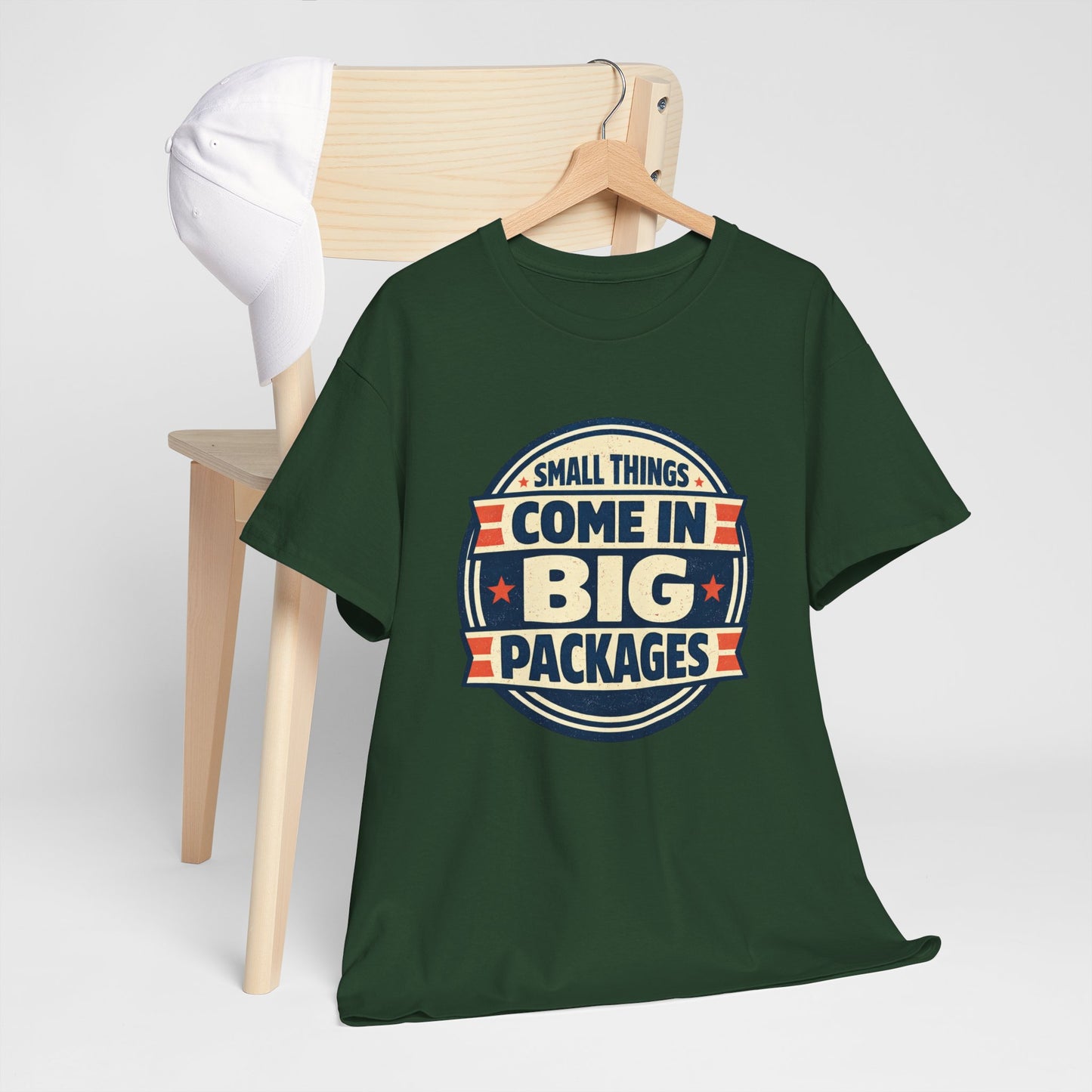 T-Shirt — "Small Things Come in Big Packages" Retro Badge Tee