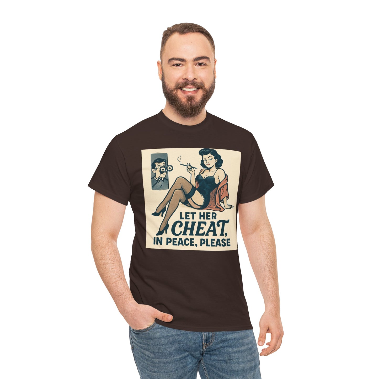 T-Shirt — Vintage Pinup “Let Her Cheat in Peace, Please” Graphic Tee