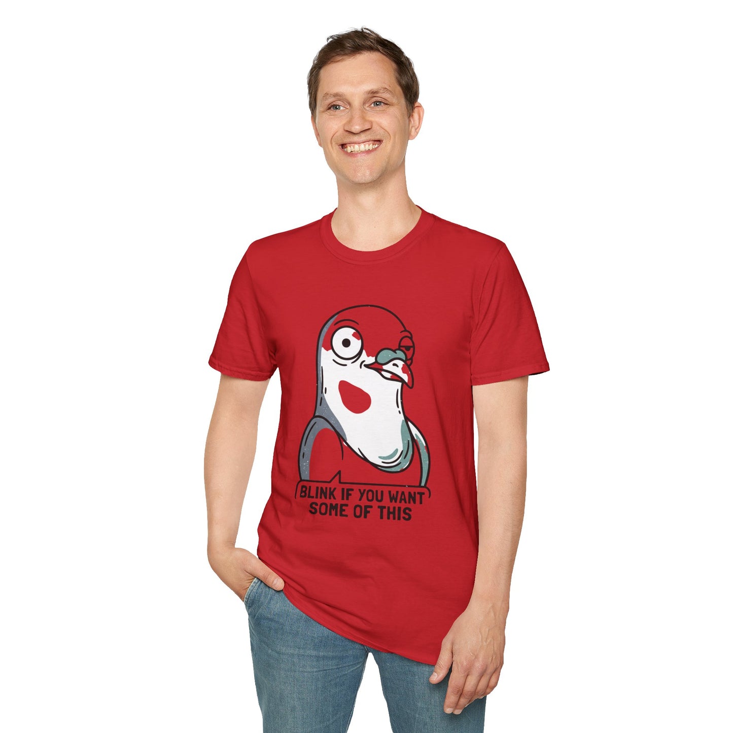 Pigeon Meme T‑Shirt — “Blink If You Want Some Of This” Funny Graphic Tee