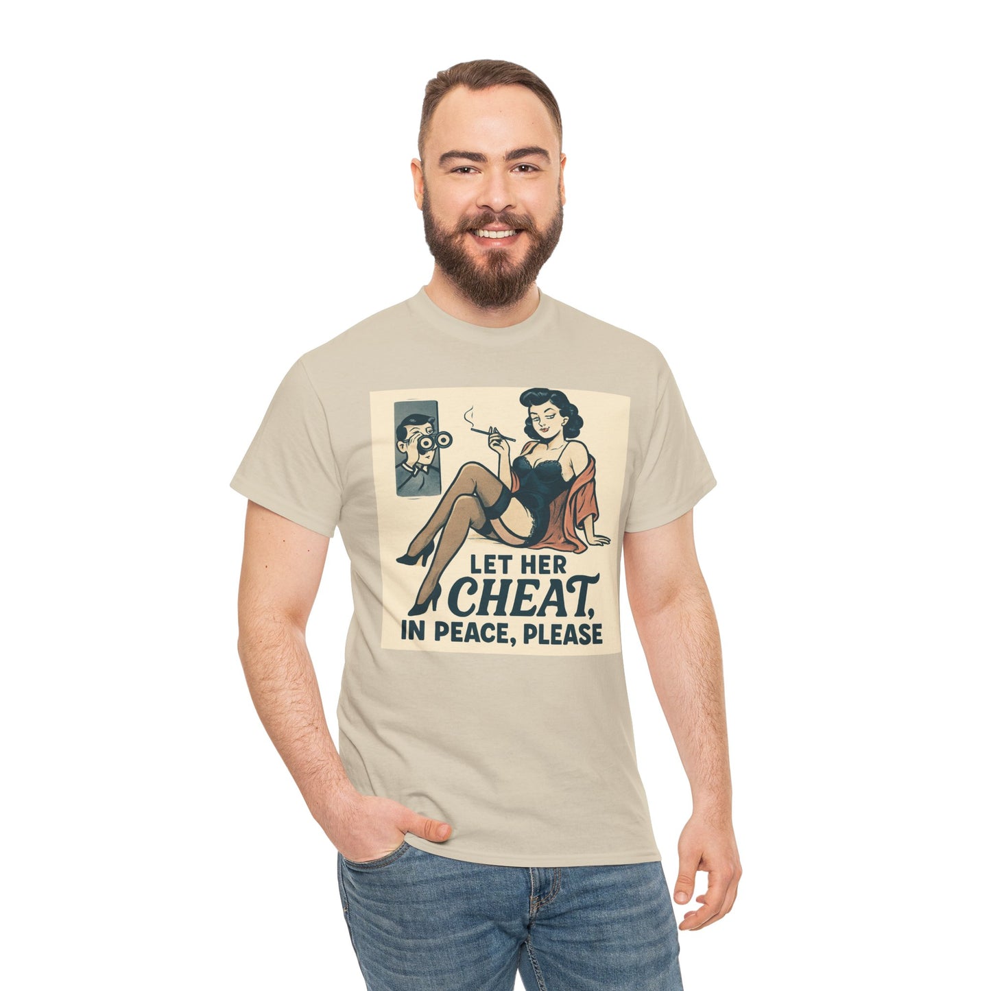 T-Shirt — Vintage Pinup “Let Her Cheat in Peace, Please” Graphic Tee