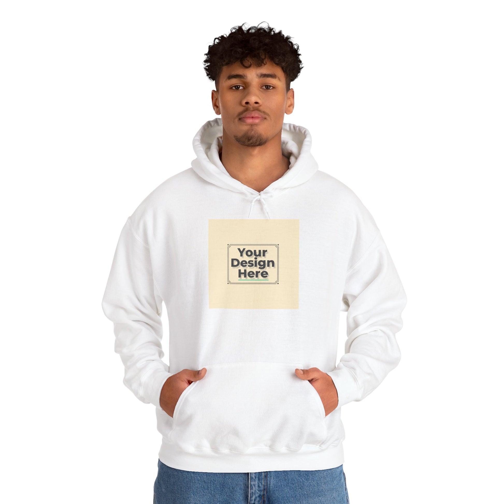 Custom Classic White Hoodie with Centered Square Design Mockup Printify