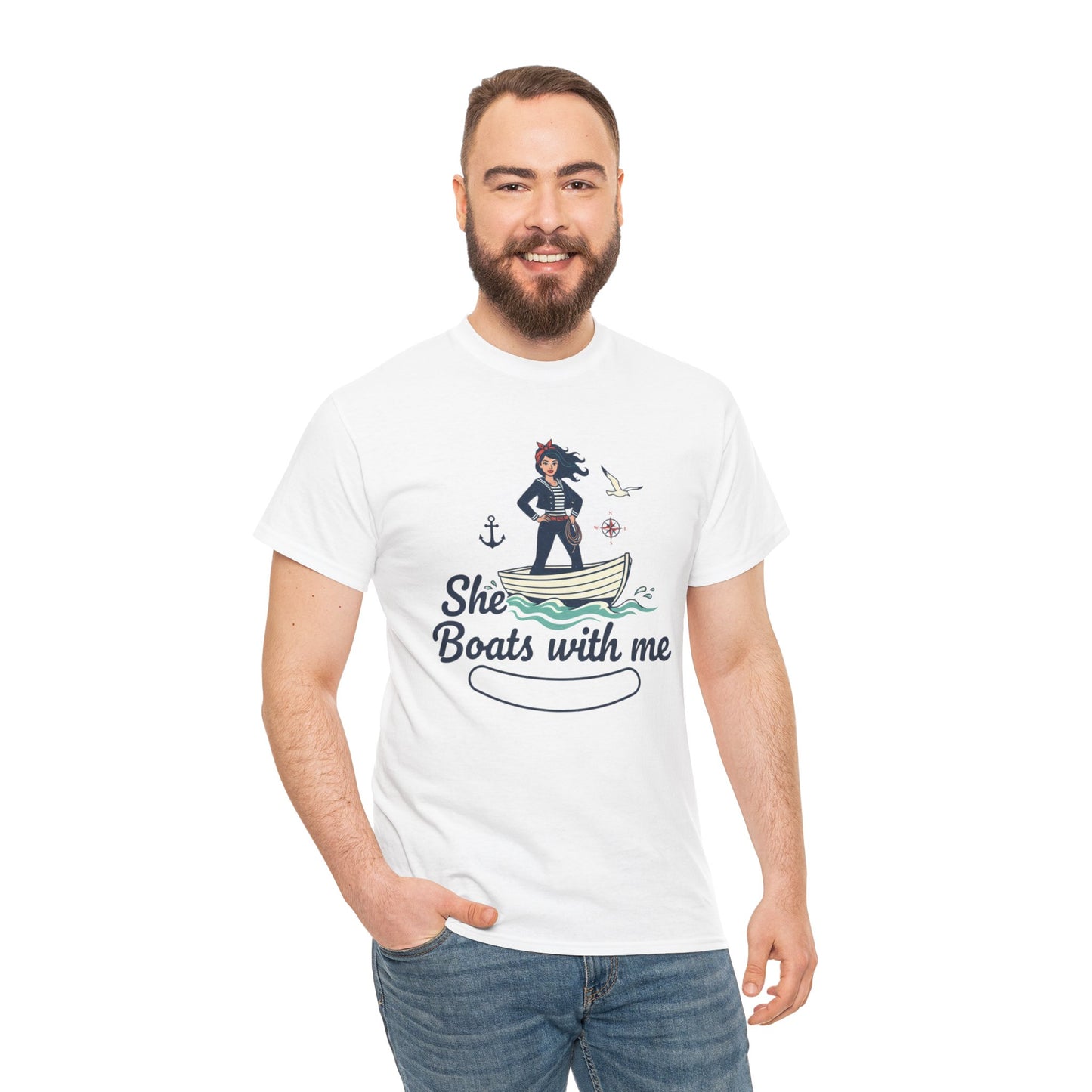T-Shirt — "She Boats With Me" Nautical Couple Tee Printify