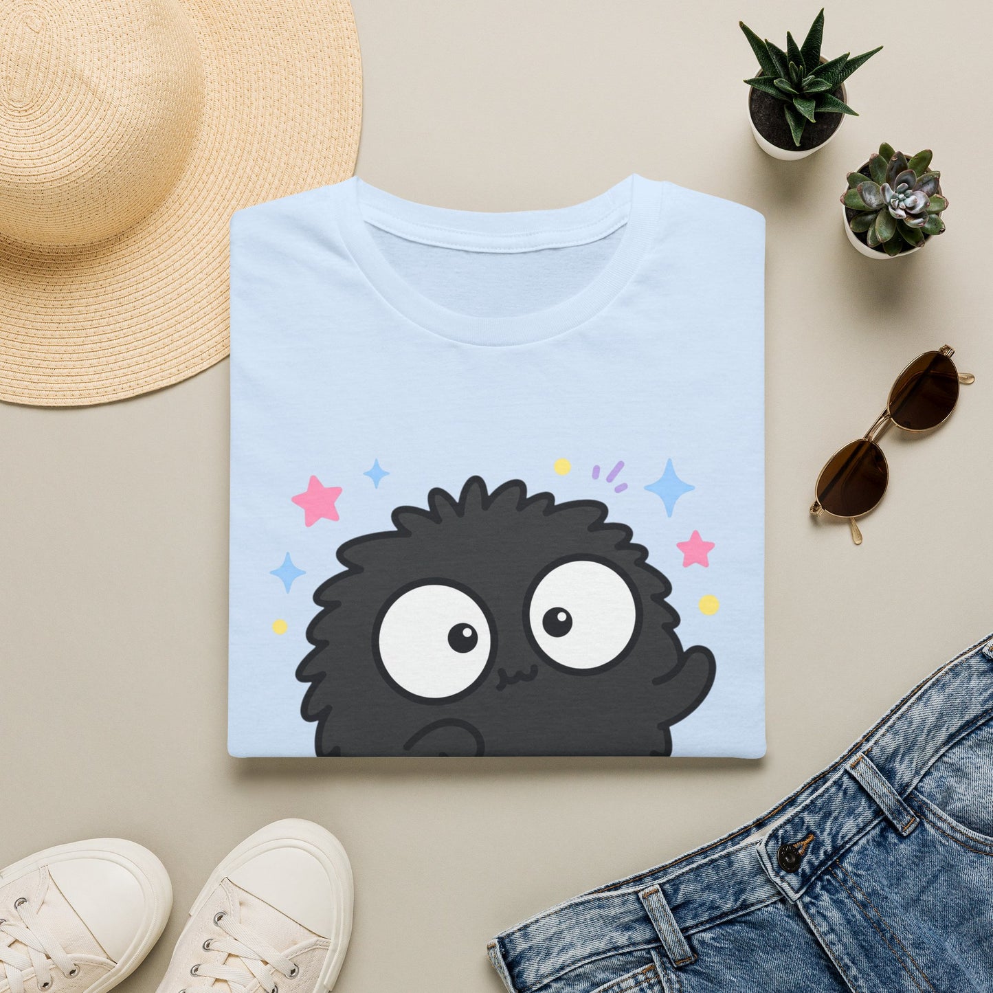 Cute Black Fuzzball T-Shirt — Kawaii Monster Tee with Stars