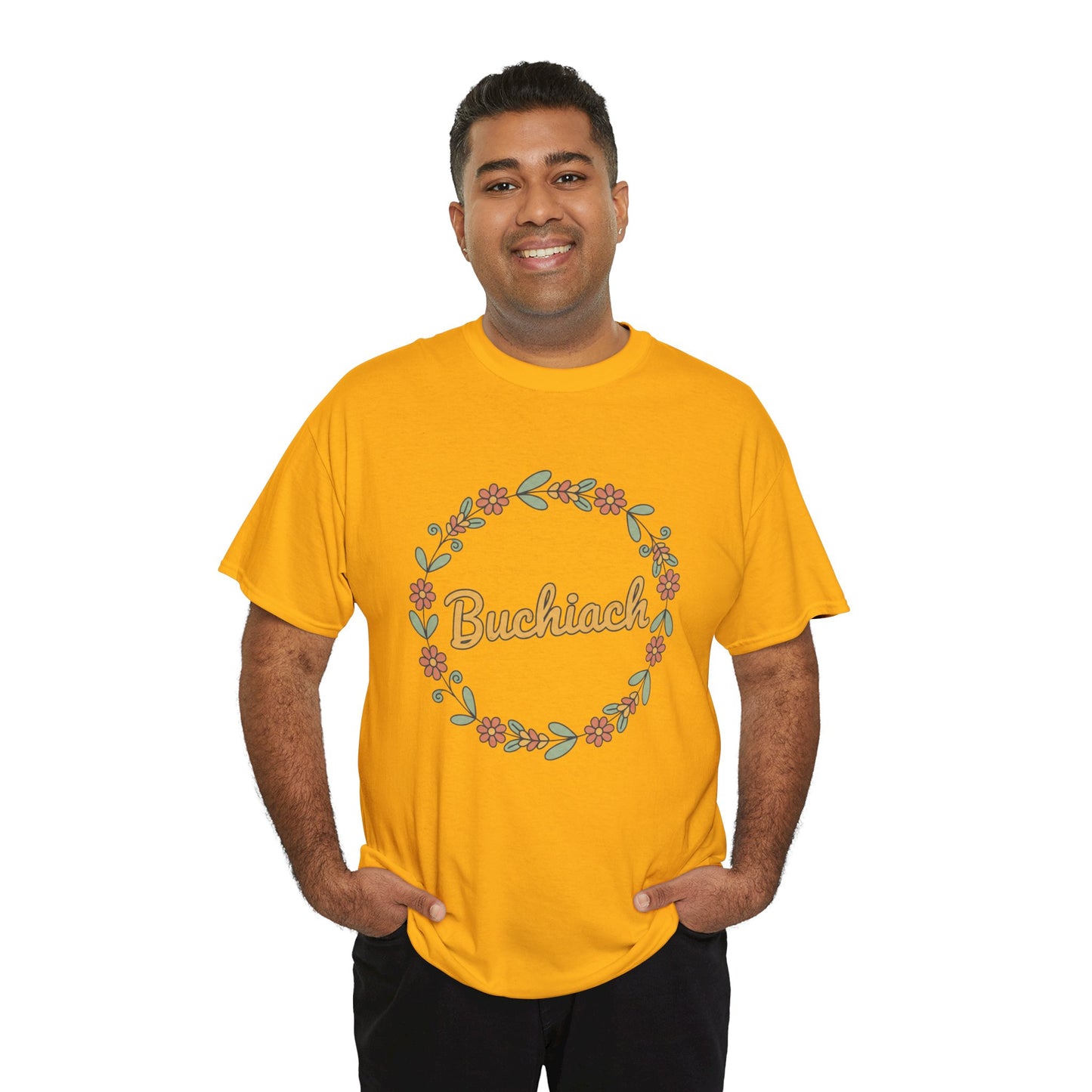Buchiach Floral Wreath T-Shirt — Retro Script Garden Tee Printify