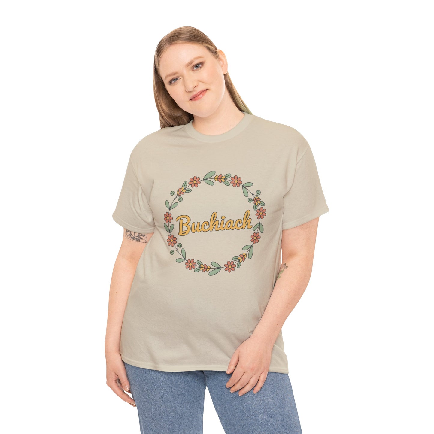 Buchiach Floral Wreath T-Shirt — Retro Script Garden Tee Printify