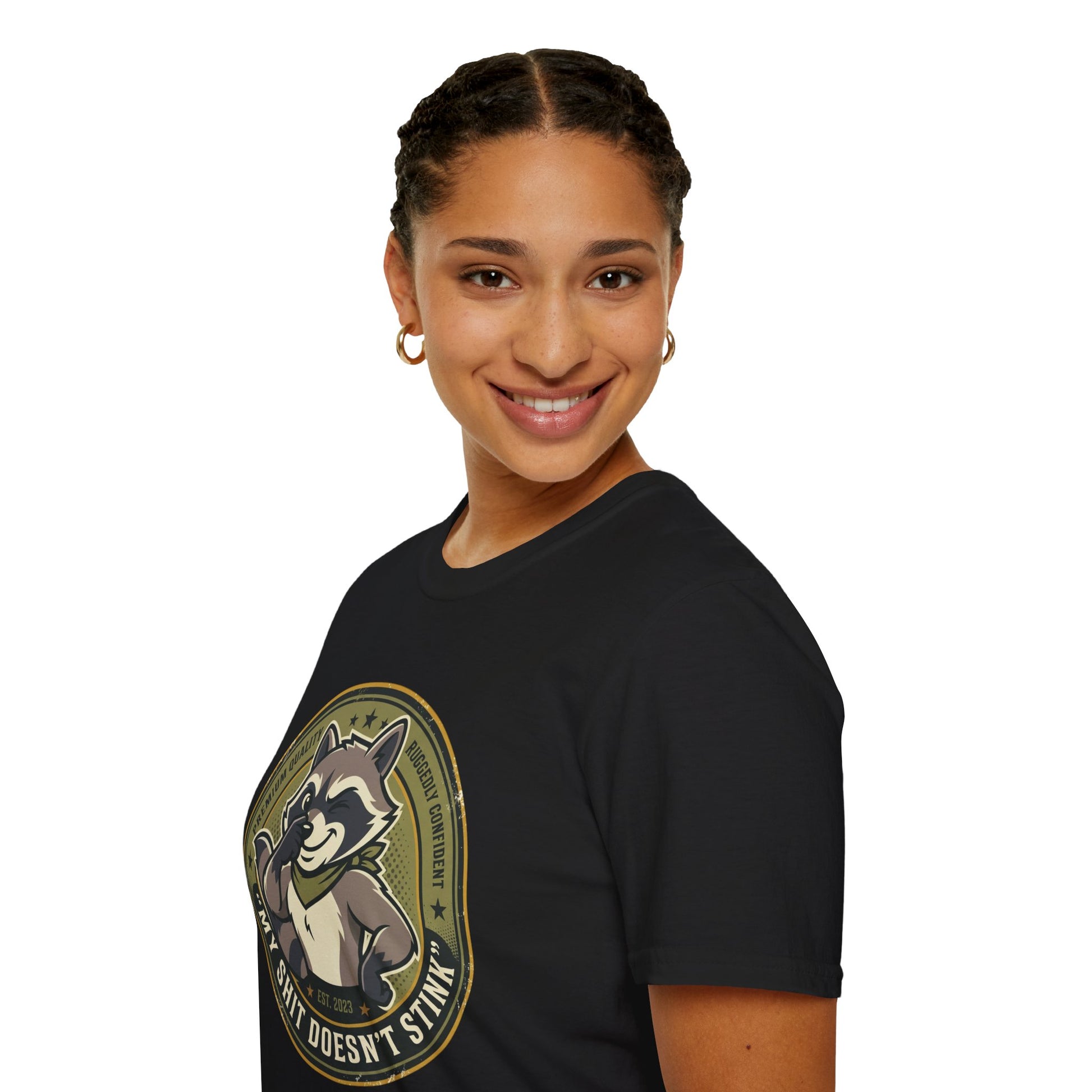 Raccoon Badge T-Shirt — "My Shit Doesn't Stink" Funny Graphic Tee Printify