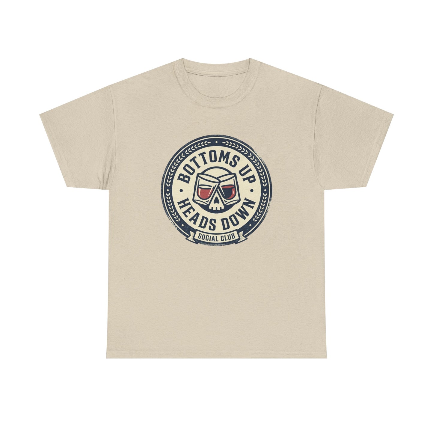 "Bottoms Up Heads Down" Skull Beer Logo Tee