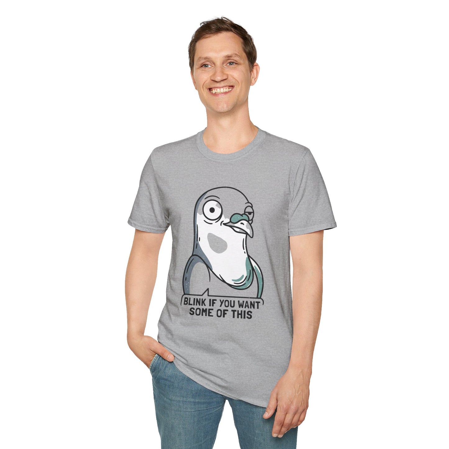 Pigeon Meme T‑Shirt — “Blink If You Want Some Of This” Funny Graphic Tee