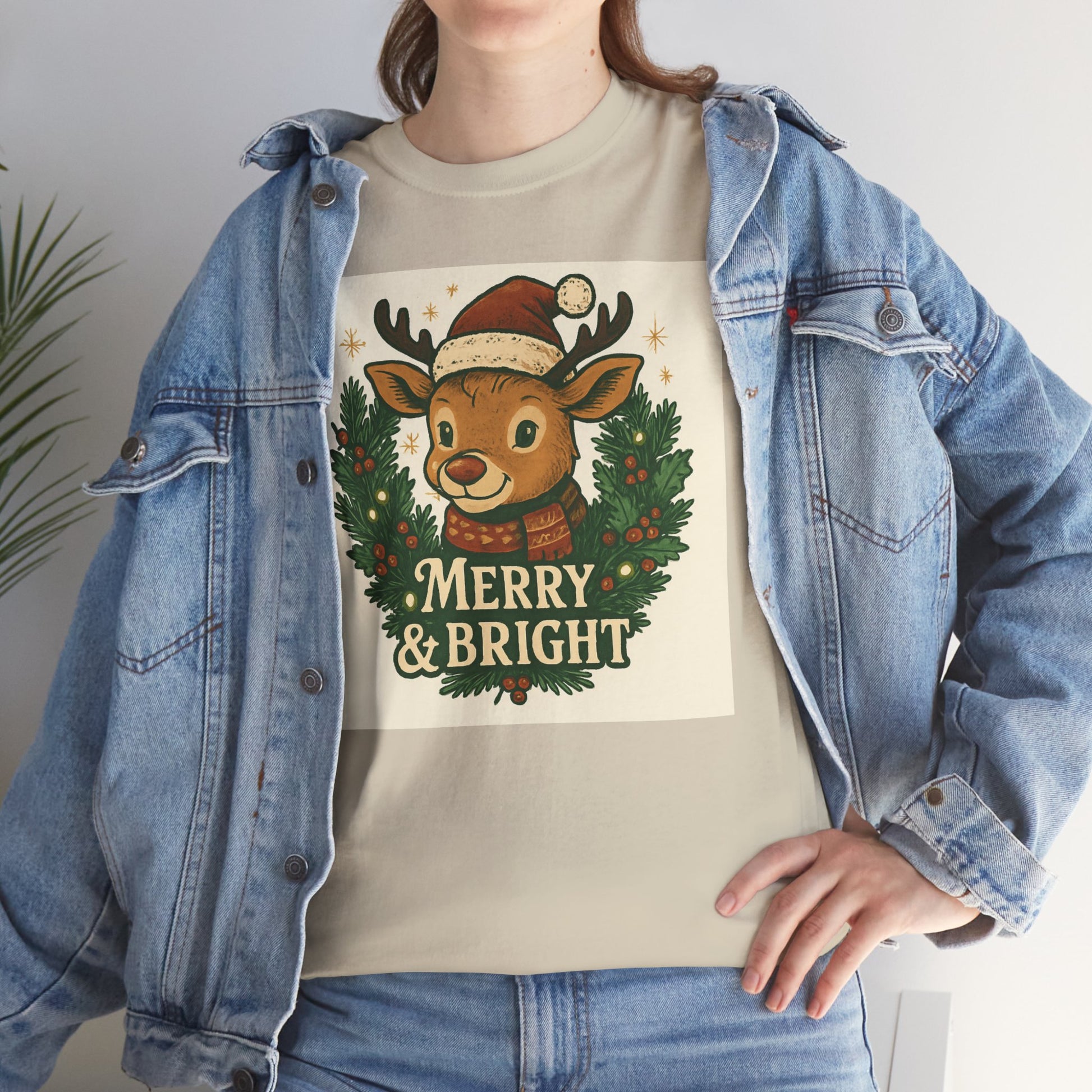 Merry & Bright Reindeer Christmas T-Shirt Printify
