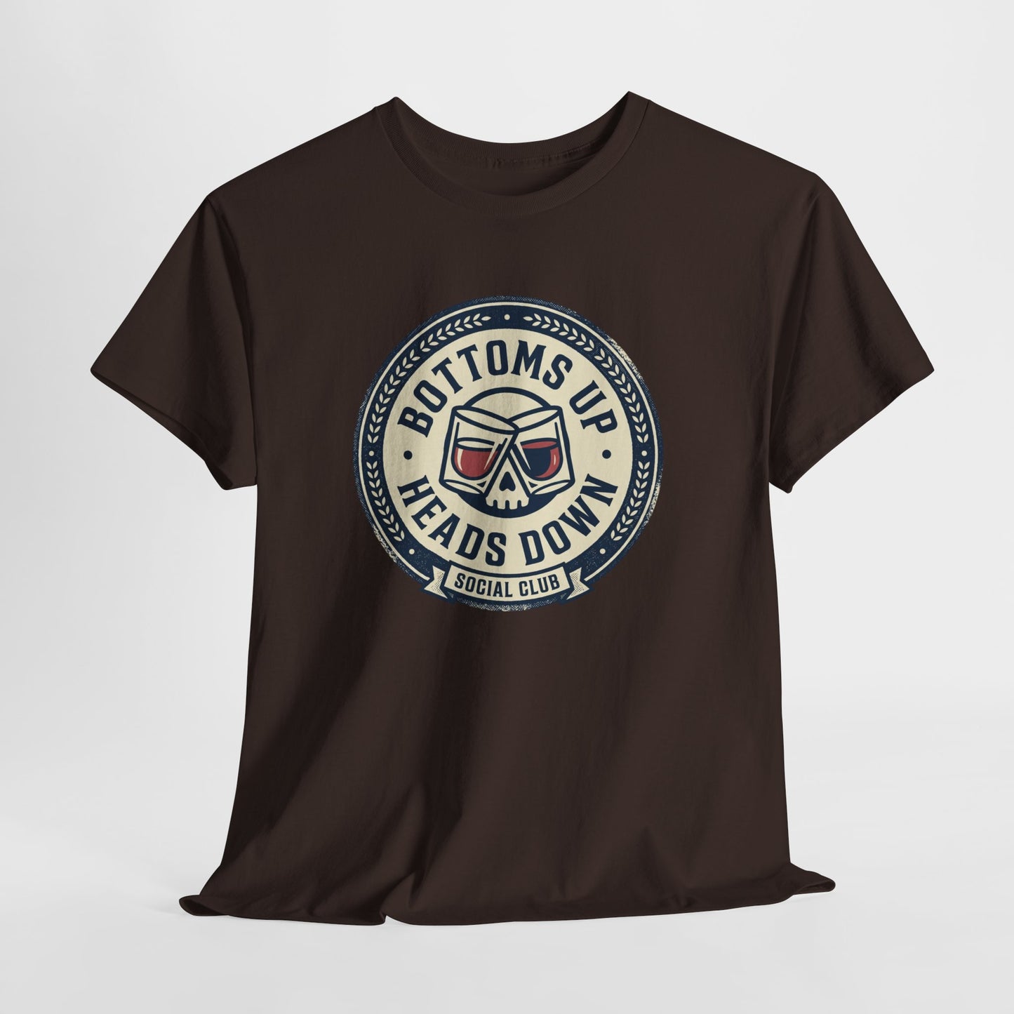 "Bottoms Up Heads Down" Skull Beer Logo Tee