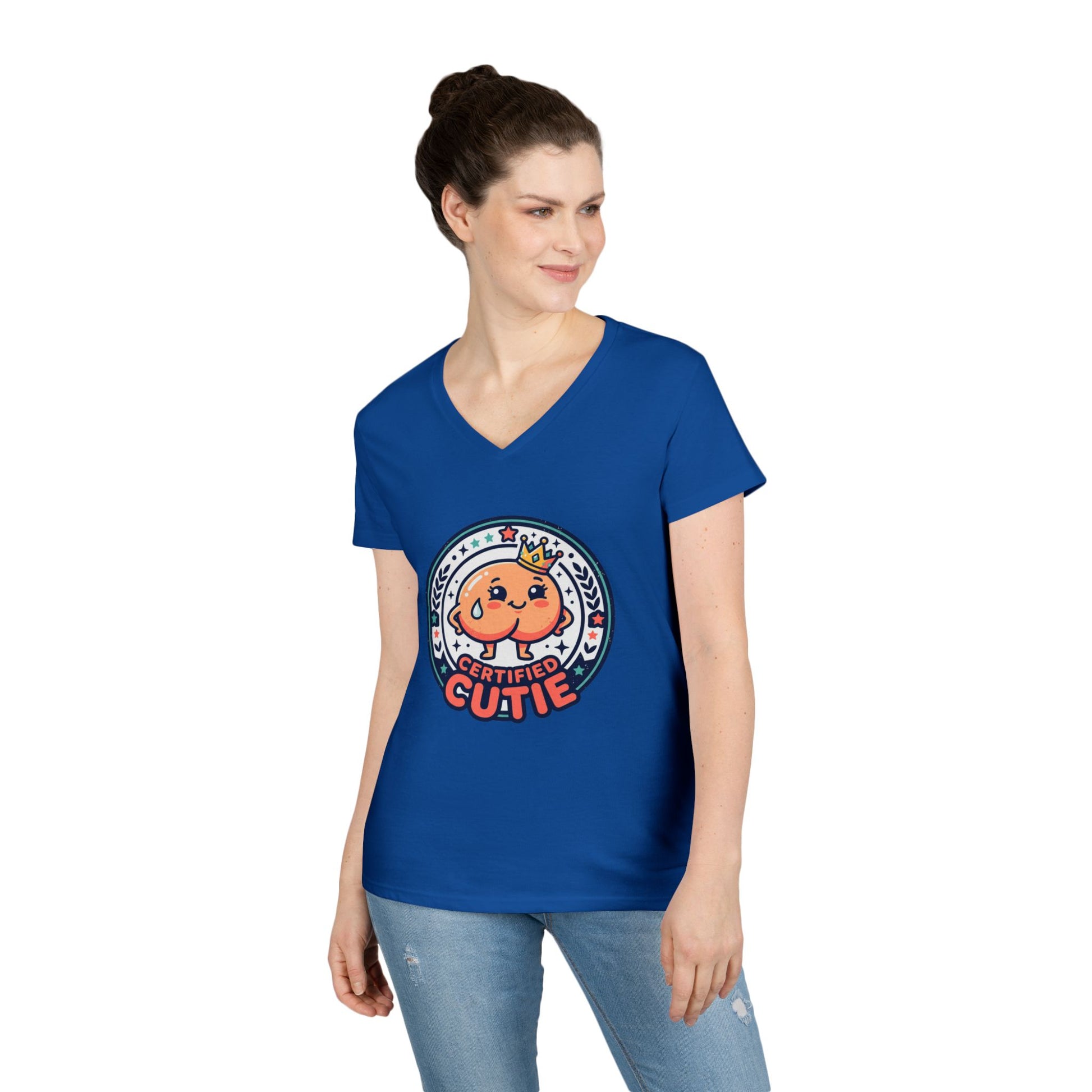 Certified Cutie V-Neck T-Shirt — Cute Cartoon Badge Graphic Tee for Women Printify