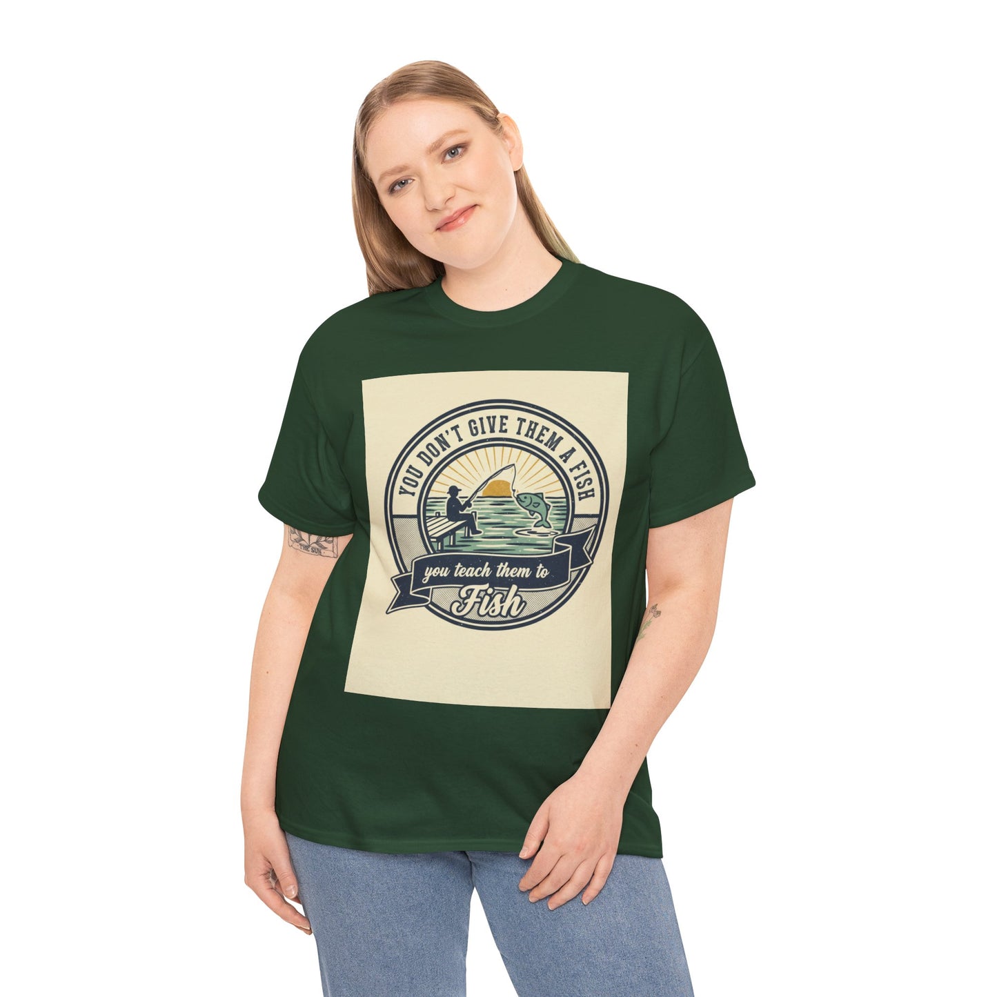 Fishing Vintage Badge T-Shirt — "You Don’t Give Them a Fish, You Teach Them to Fish" Graphic Tee