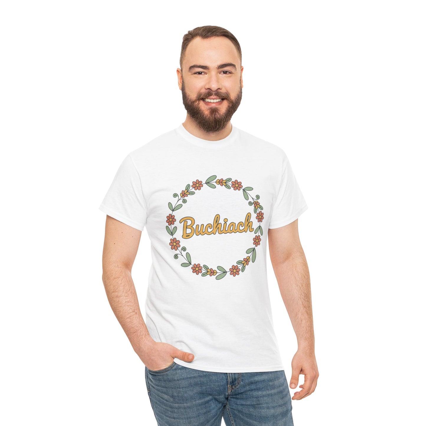Buchiach Floral Wreath T-Shirt — Retro Script Garden Tee Printify