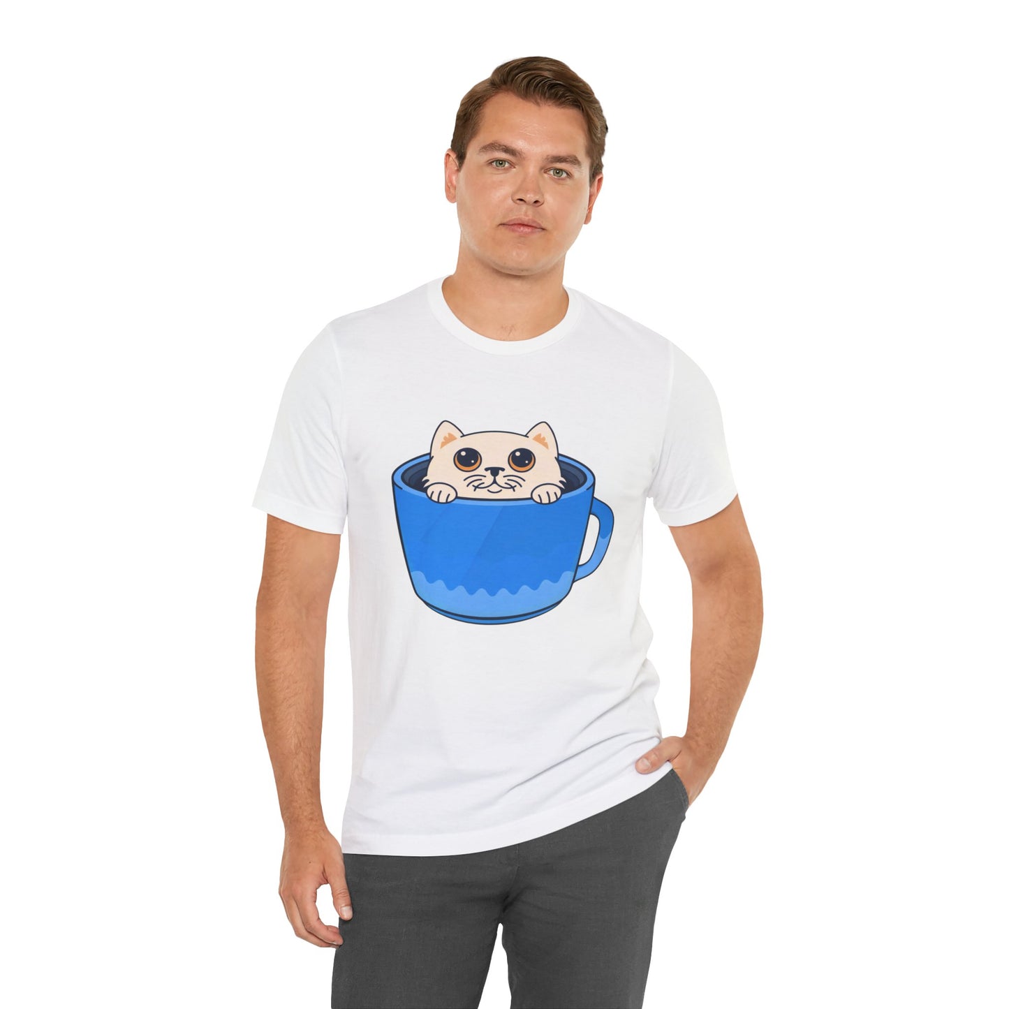 Cat in a Blue Mug T‑Shirt — Cute Kawaii Kitten Tee
