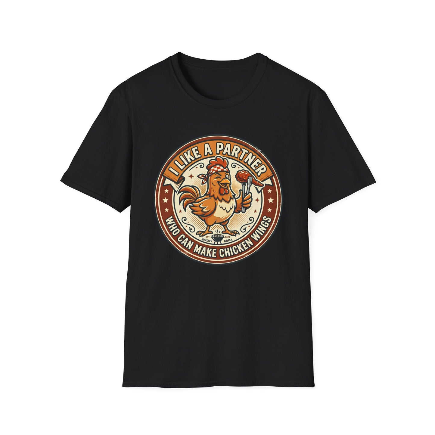Funny Chicken Wings T-Shirt — "I Like A Partner Who Can Make Chicken Wings" Crew Tee