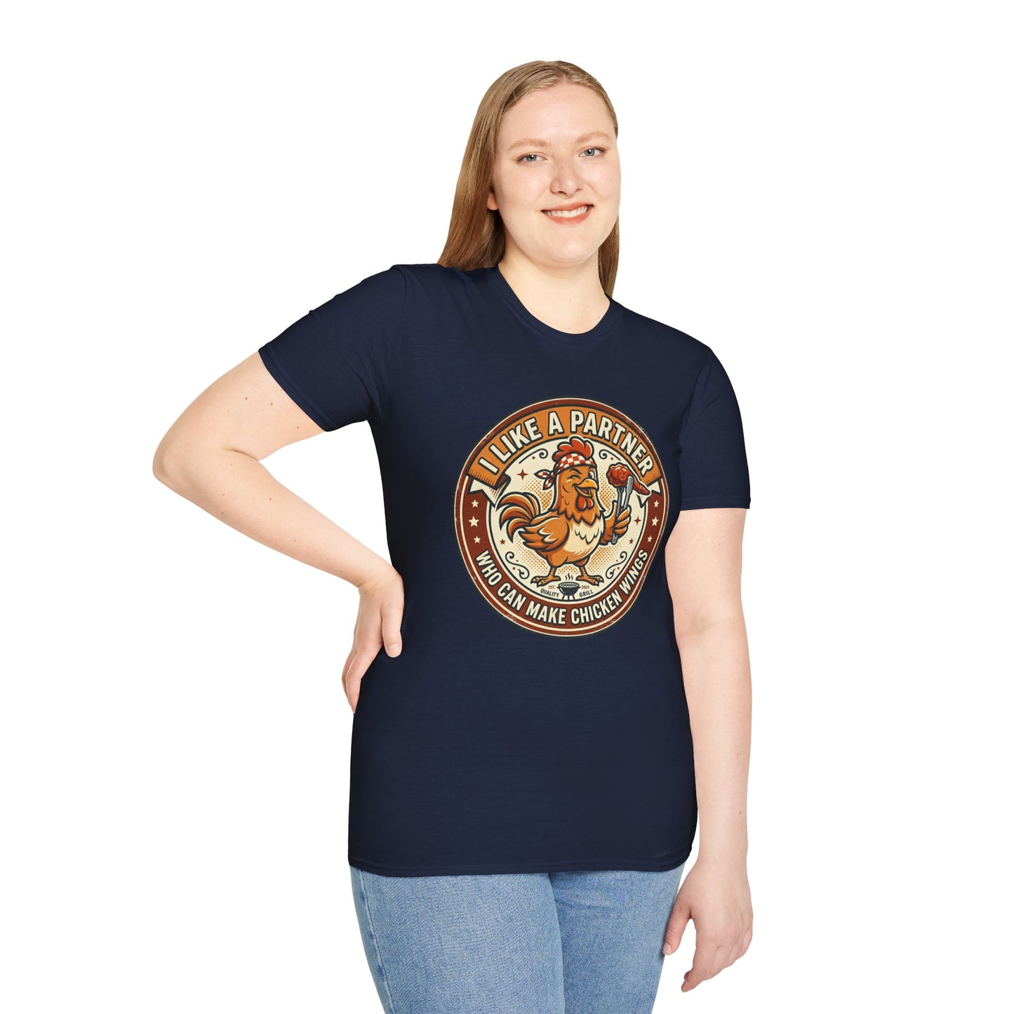 Funny Chicken Wings T-Shirt — "I Like A Partner Who Can Make Chicken Wings" Crew Tee