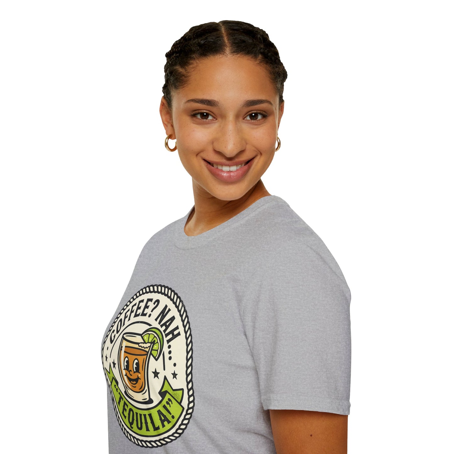 Coffee? Nah, Tequila! T-Shirt – Funny Shot Glass Graphic Tee for Party Lovers