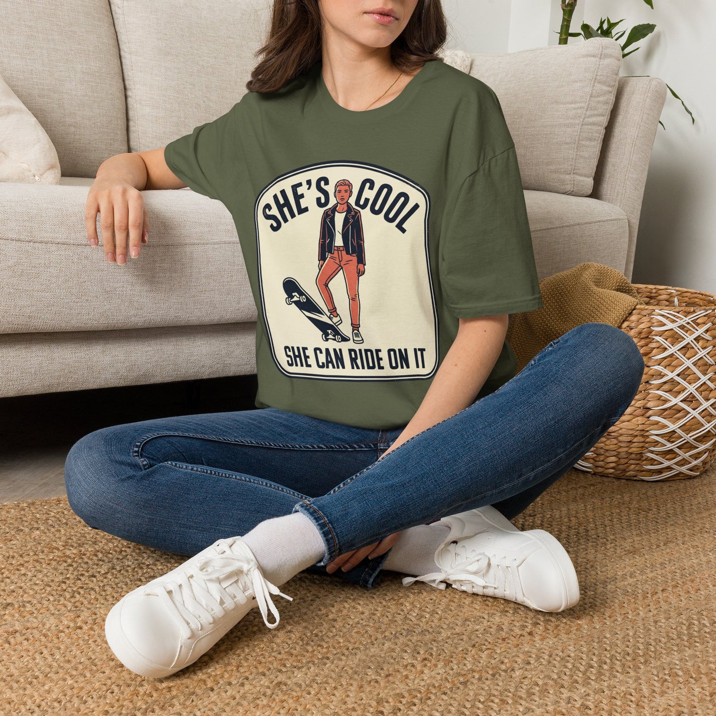 She's Cool Skateboarder T-Shirt — "She's Cool, She Can Ride On It" Retro Graphic Tee