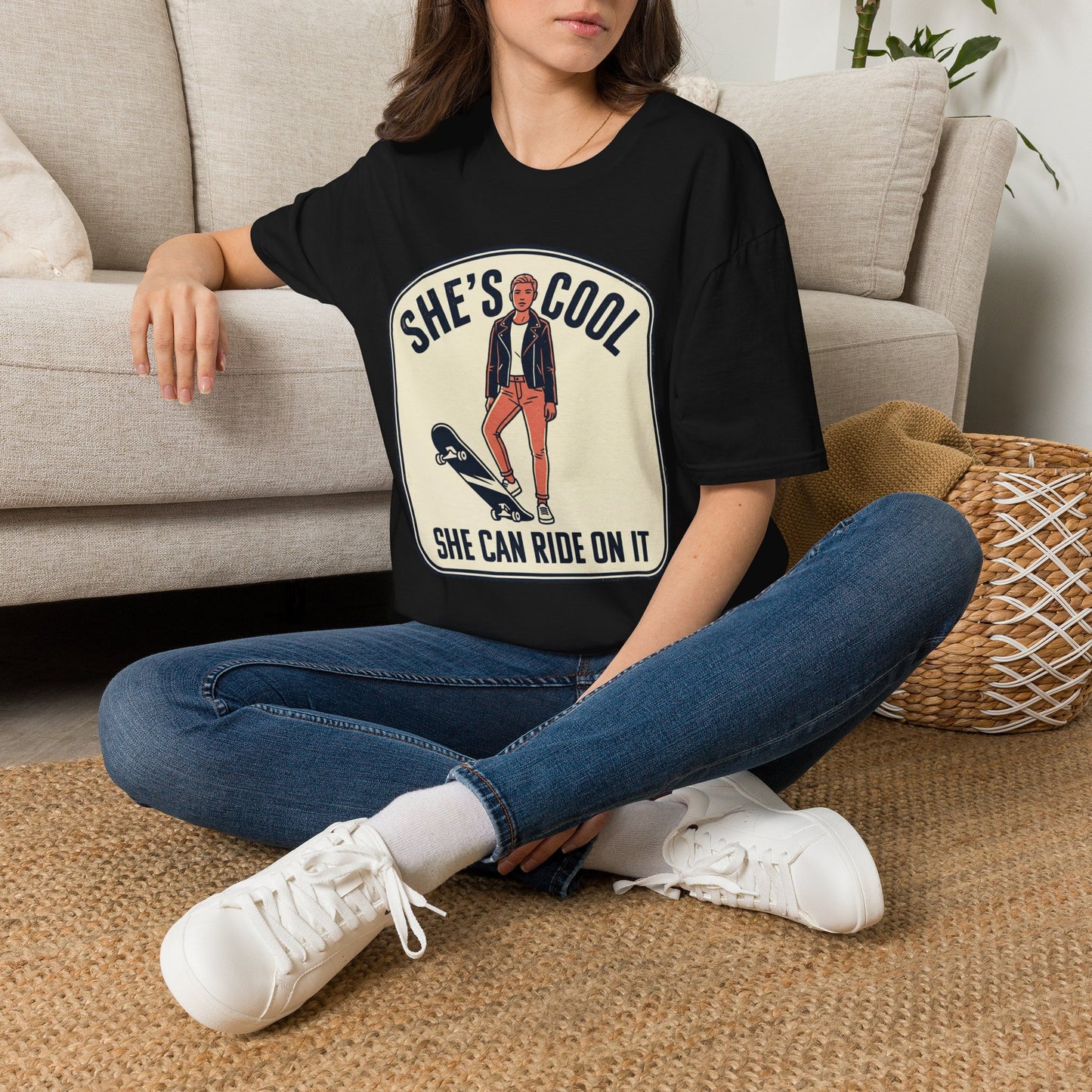 She's Cool Skateboarder T-Shirt — "She's Cool, She Can Ride On It" Retro Graphic Tee