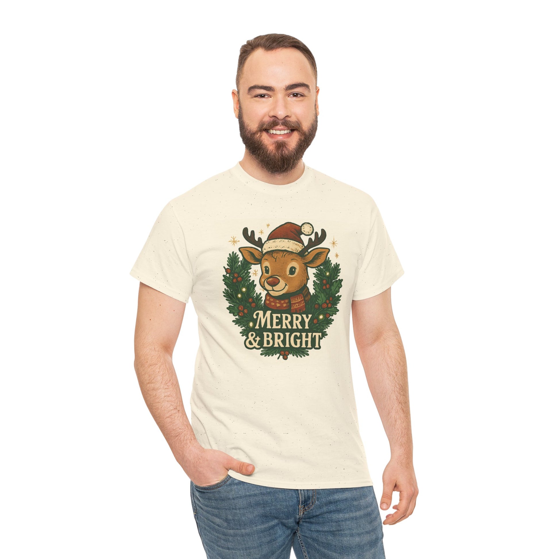 Merry & Bright Reindeer Christmas T-Shirt Printify