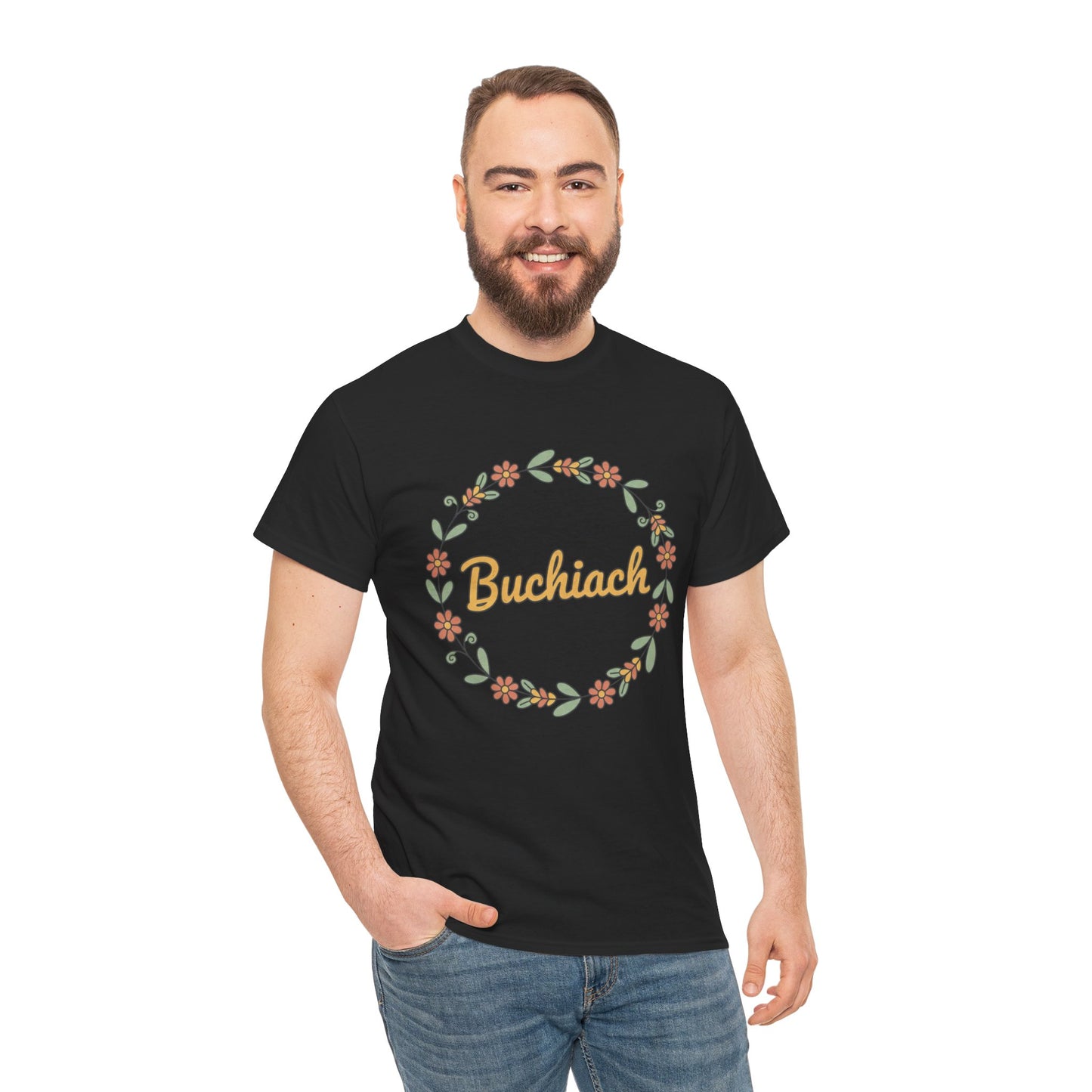 Buchiach Floral Wreath T-Shirt — Retro Script Garden Tee Printify