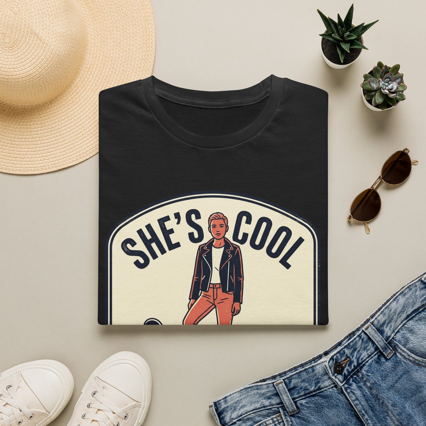 She's Cool Skateboarder T-Shirt — "She's Cool, She Can Ride On It" Retro Graphic Tee