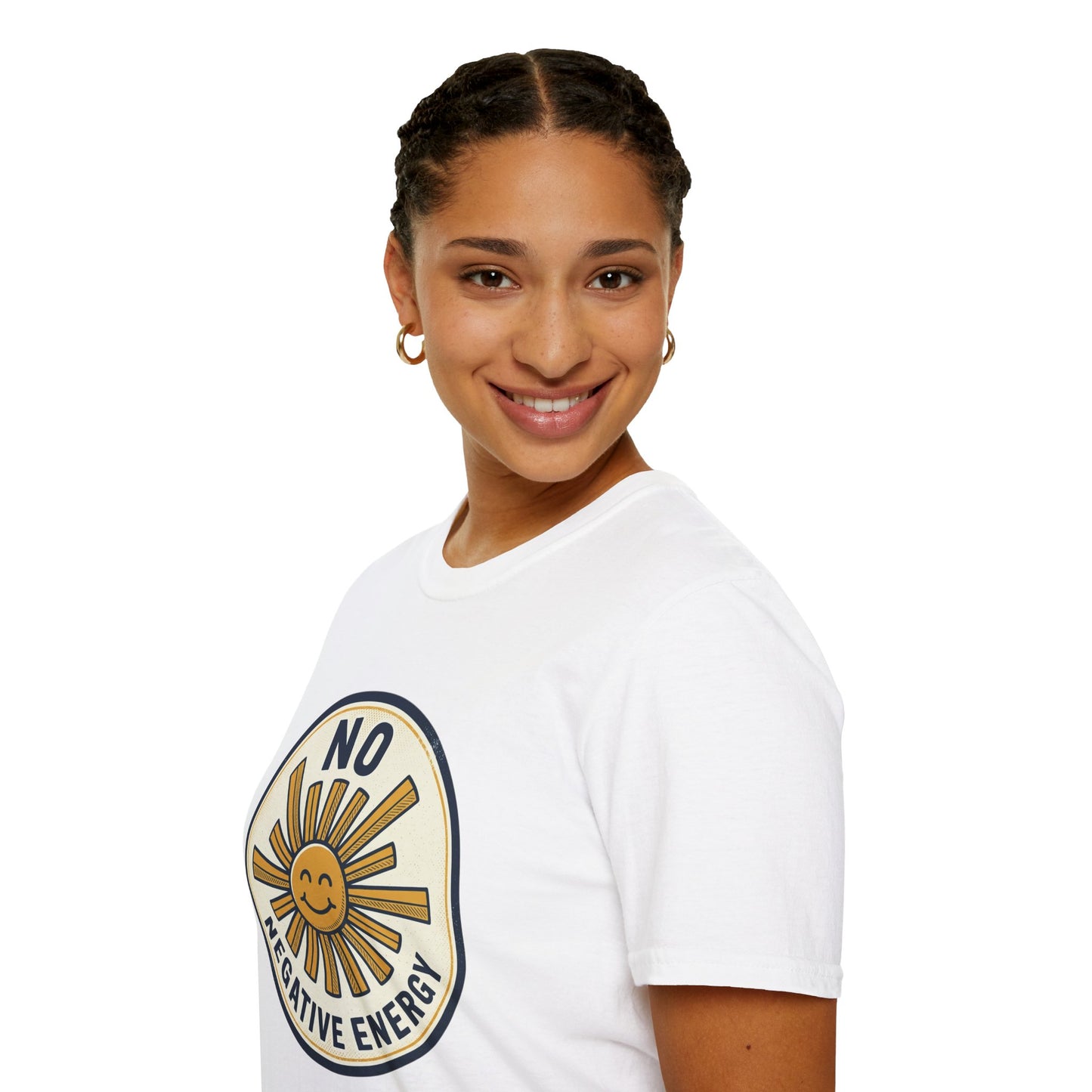 No Negative Energy T-Shirt — Retro Smiling Sun Positive Vibes Tee