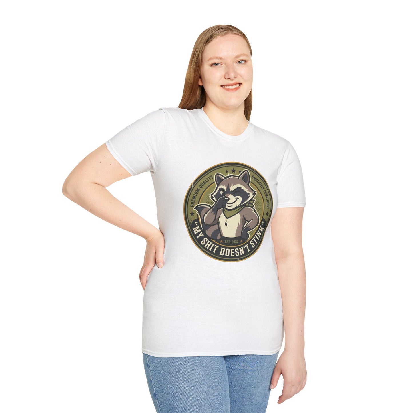 Raccoon Badge T-Shirt — "My Shit Doesn't Stink" Funny Graphic Tee Printify