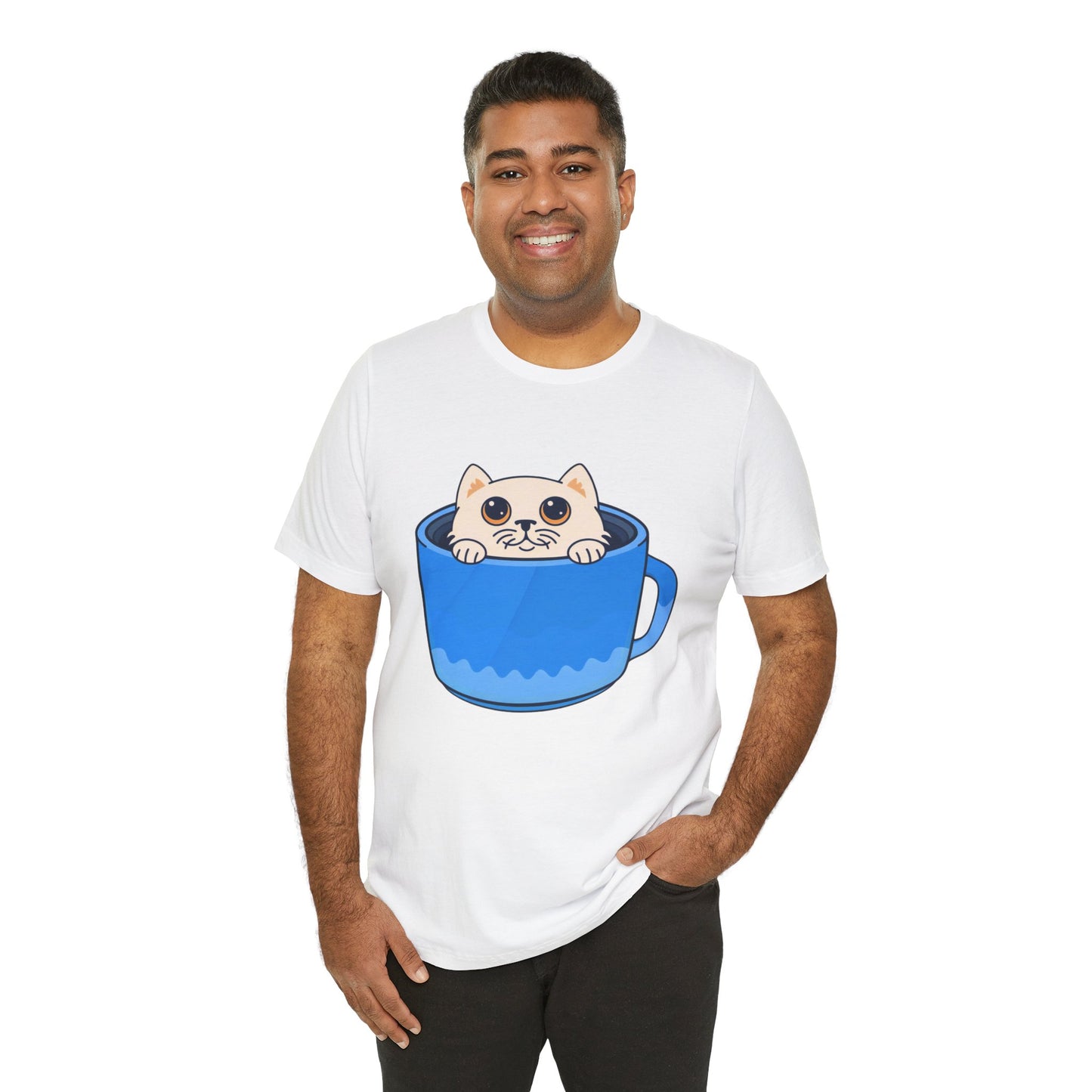 Cat in a Blue Mug T‑Shirt — Cute Kawaii Kitten Tee