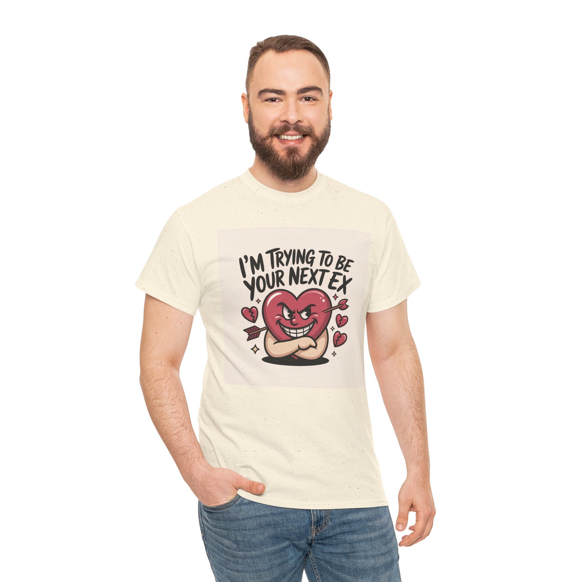 Valentine Heart Character Tee — "I'm Trying To Be Your Next Ex" Graphic T-Shirt Printify