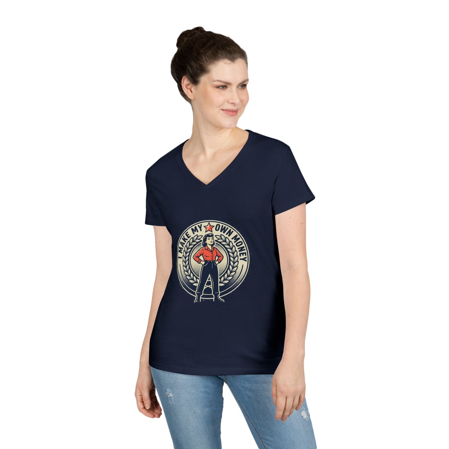 Ladies' V-Neck T-Shirt — "I Make My Own Money" Empowered Retro Worker Graphic Tee