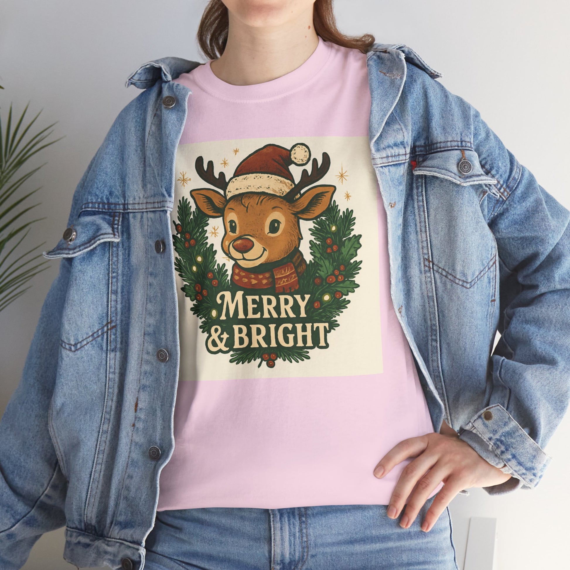 Merry & Bright Reindeer Christmas T-Shirt Printify
