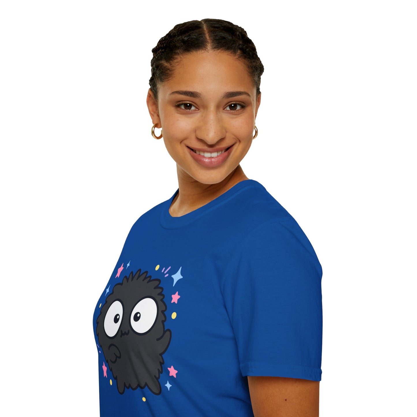 Cute Black Fuzzball T-Shirt — Kawaii Monster Tee with Stars