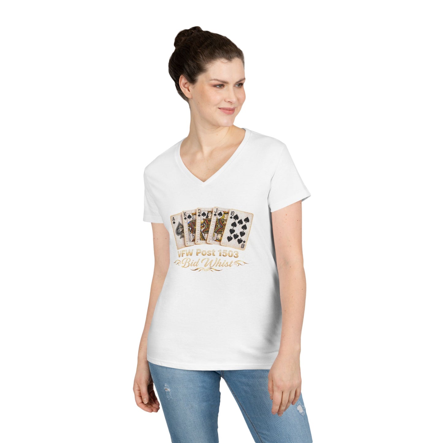 Ladies' V-Neck T-Shirt — Vintage Playing Cards "VFW Post 1503" Graphic Printify