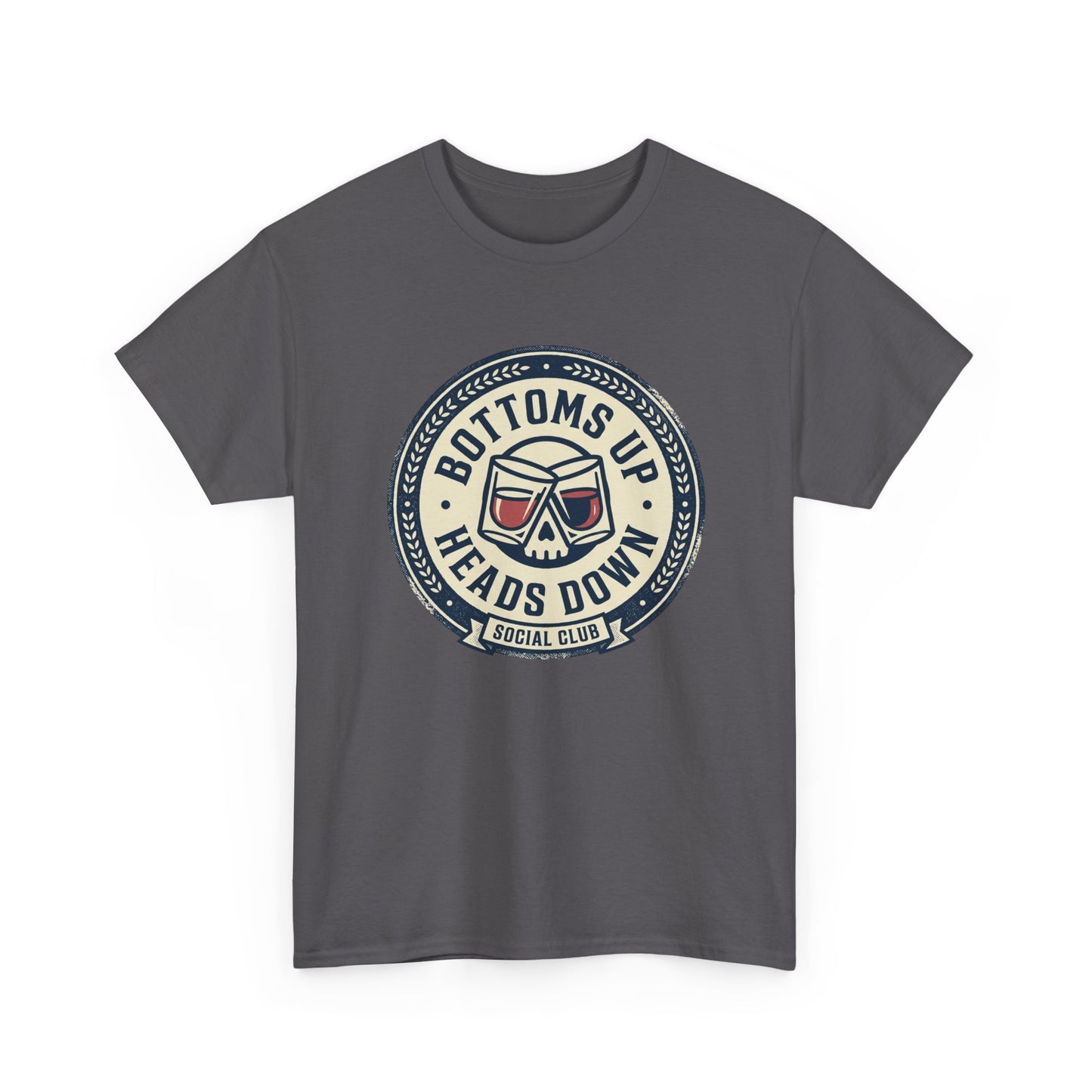 "Bottoms Up Heads Down" Skull Beer Logo Tee