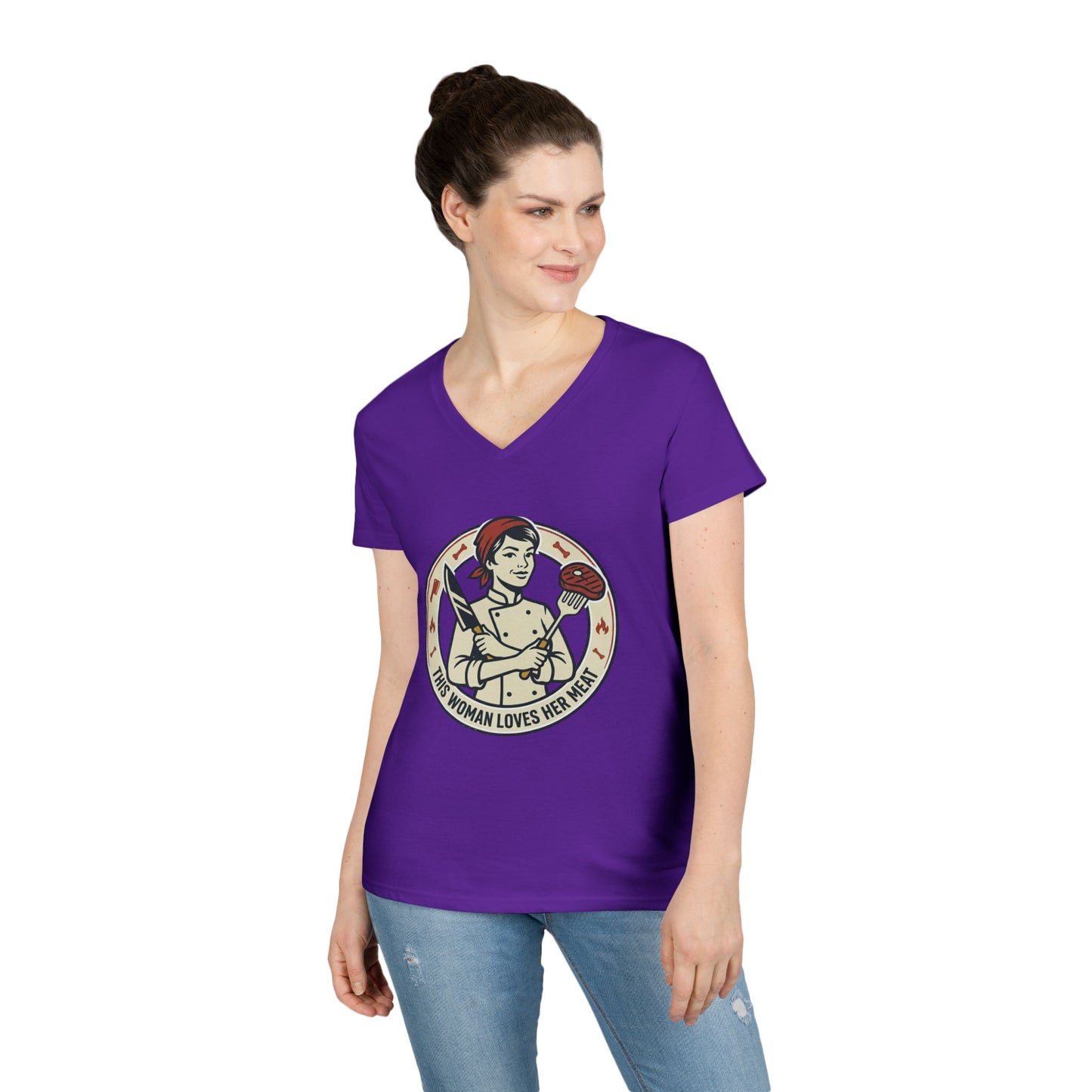Ladies' V-Neck T-Shirt — "This Woman Loves Her Meat" Chef Graphic Tee