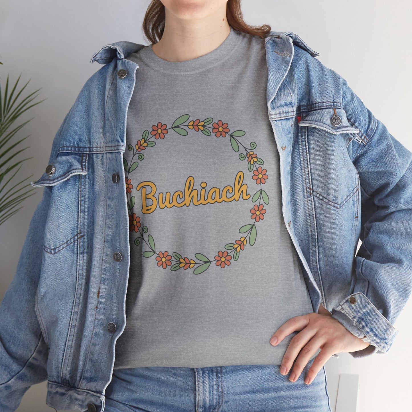 Buchiach Floral Wreath T-Shirt — Retro Script Garden Tee Printify