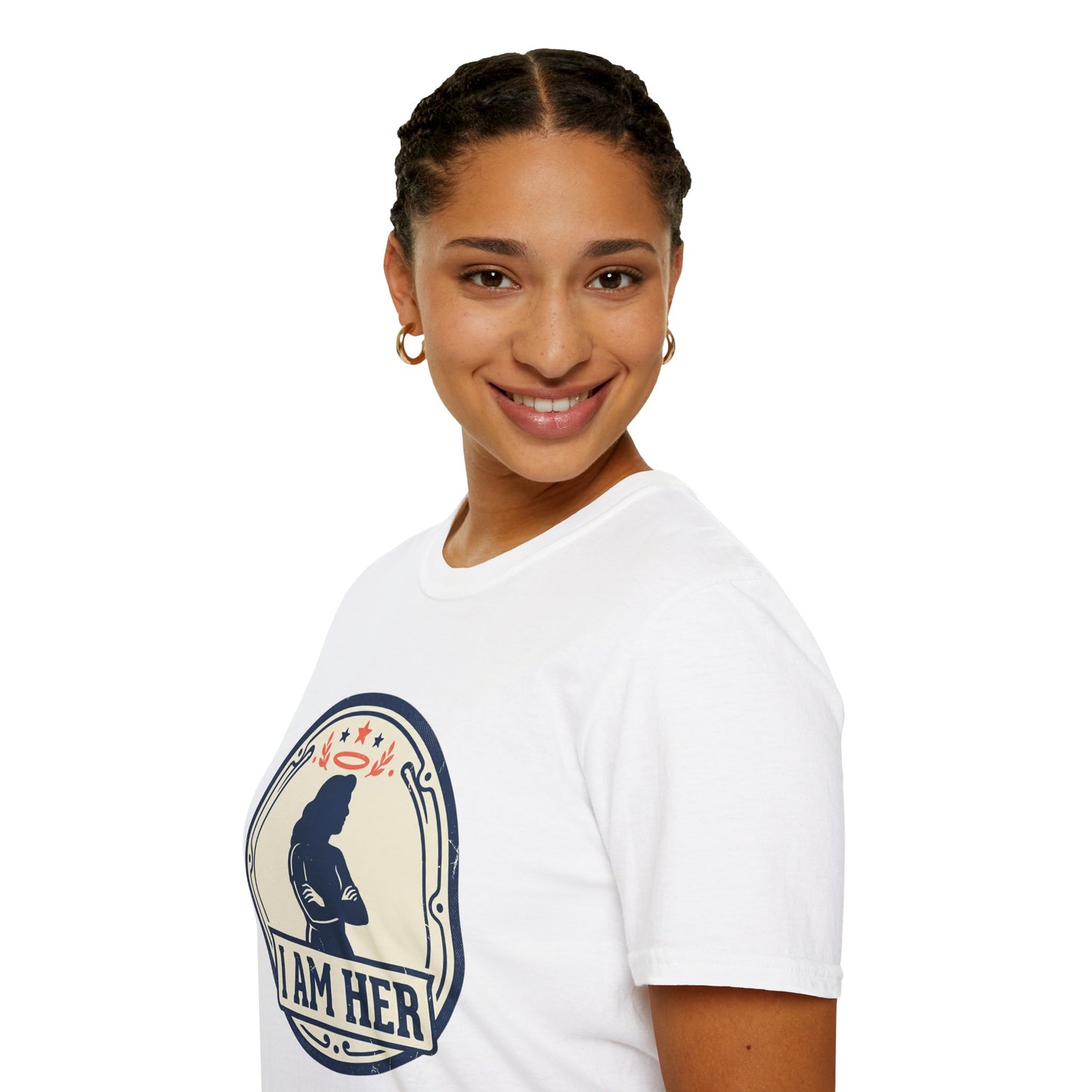 I Am Her Women’s T-Shirt — Empowering Mom & Woman Pride Vintage Badge Tee