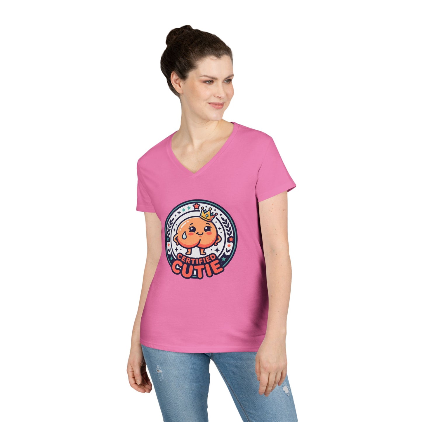 Certified Cutie V-Neck T-Shirt — Cute Cartoon Badge Graphic Tee for Women Printify