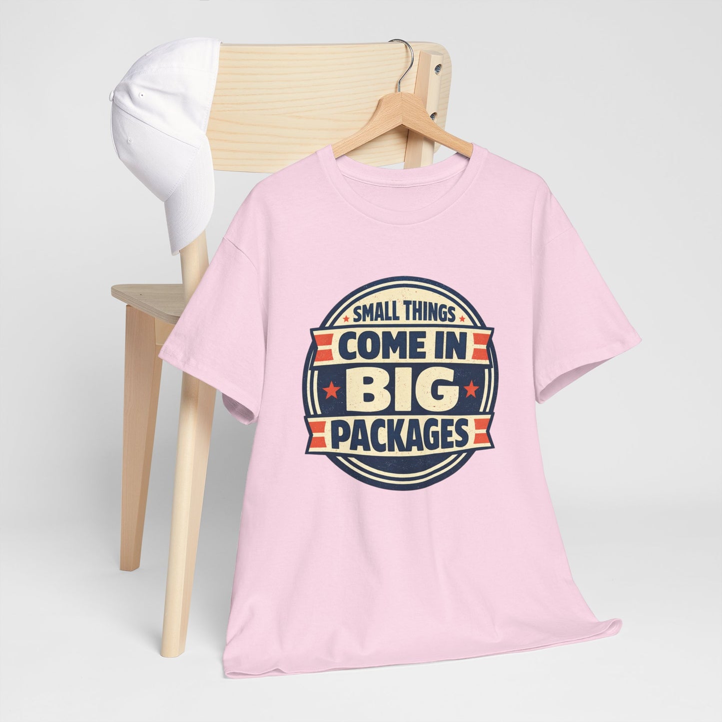 T-Shirt — "Small Things Come in Big Packages" Retro Badge Tee