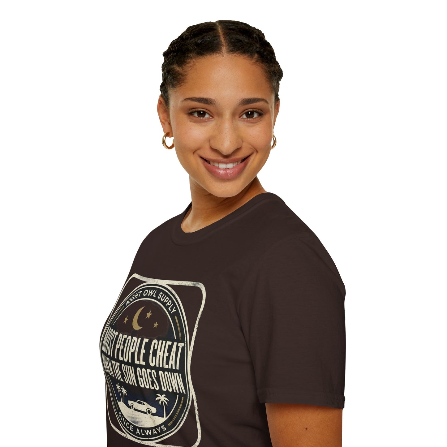 “Most People Cheat When The Sun Goes Down” Vintage Graphic Tee-Night Owl T-Shirt