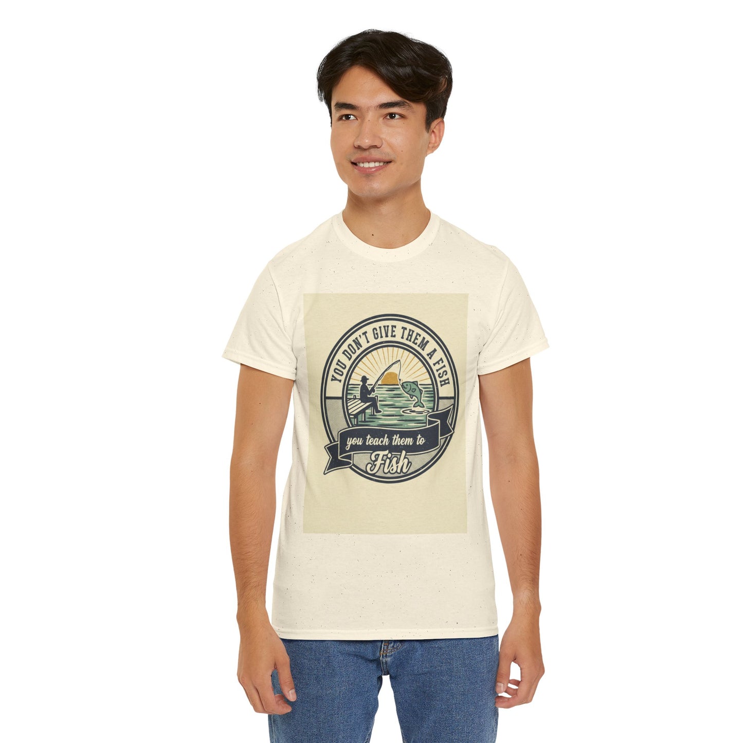 Fishing Vintage Badge T-Shirt — "You Don’t Give Them a Fish, You Teach Them to Fish" Graphic Tee