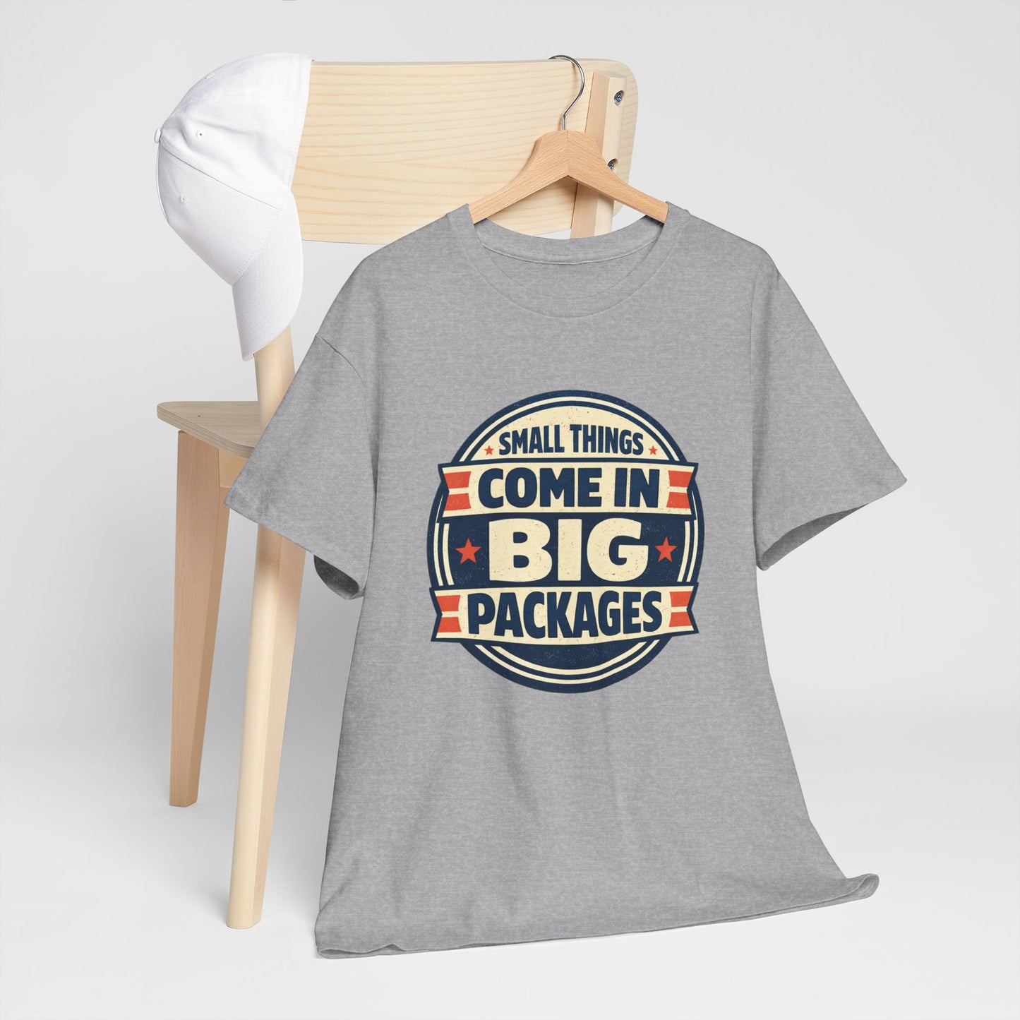 T-Shirt — "Small Things Come in Big Packages" Retro Badge Tee