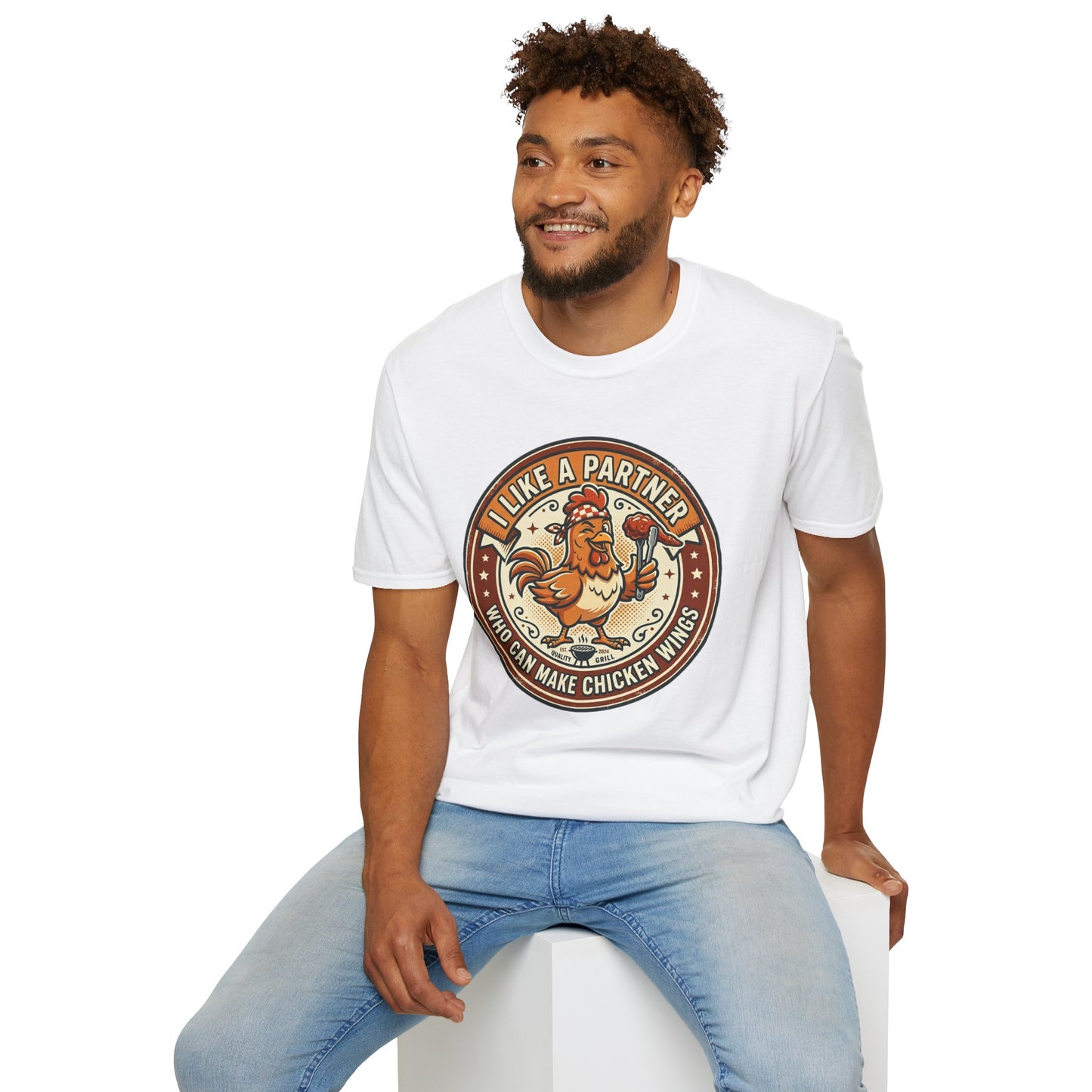 Funny Chicken Wings T-Shirt — "I Like A Partner Who Can Make Chicken Wings" Crew Tee