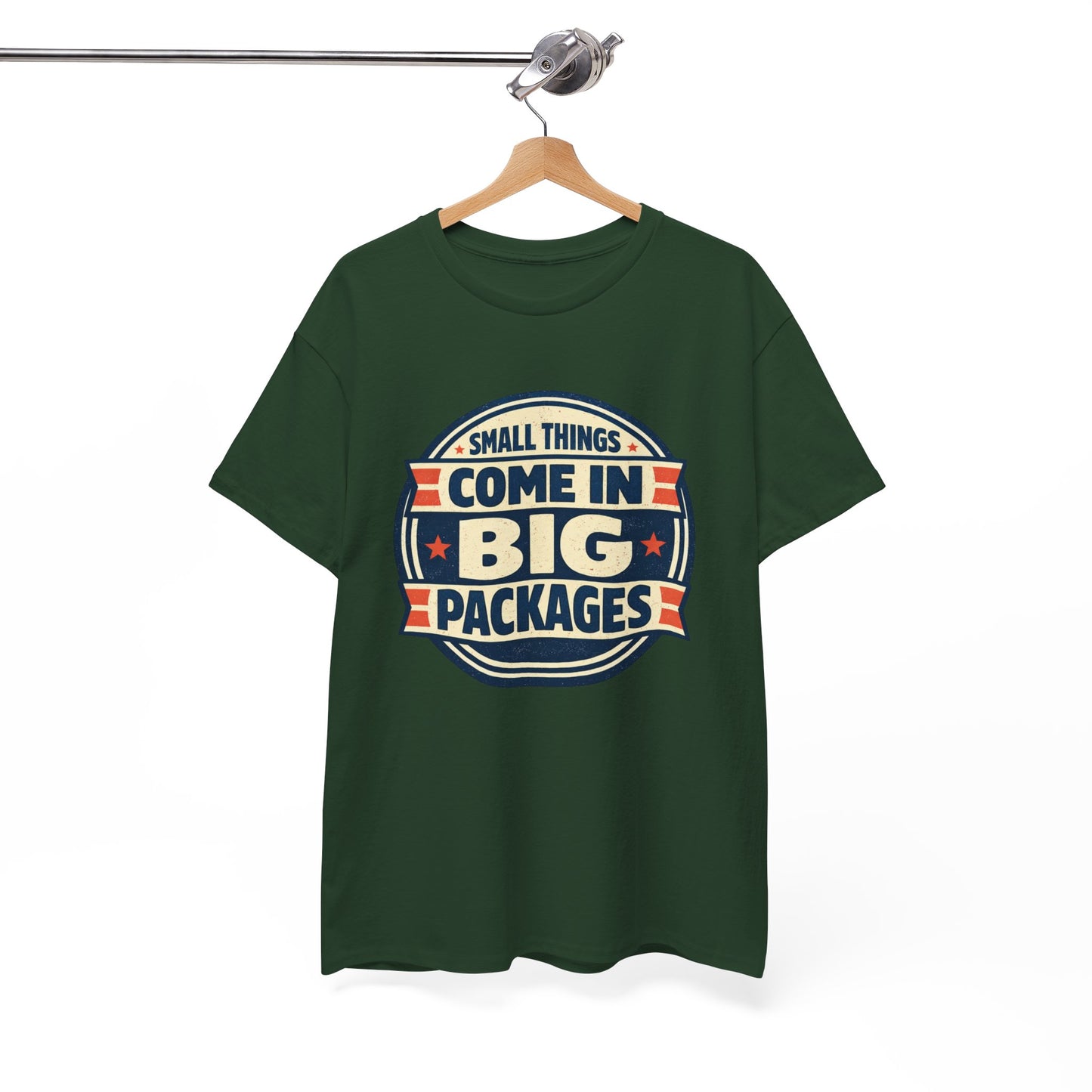 T-Shirt — "Small Things Come in Big Packages" Retro Badge Tee